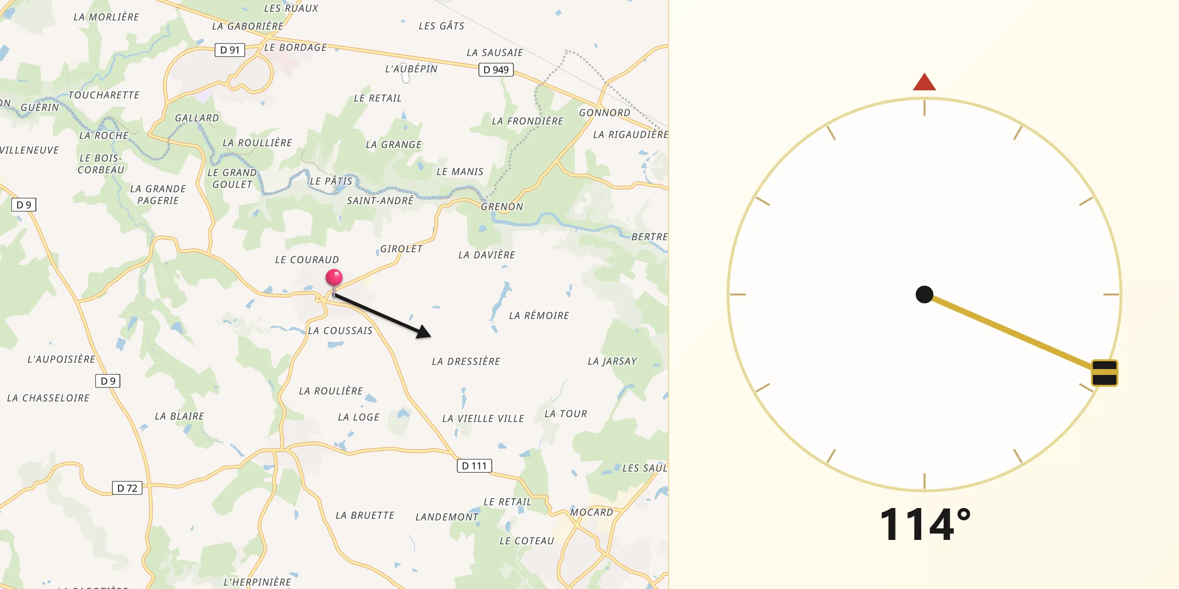 Direction vers la Qibla depuis Saint-Aubin-des-Ormeaux