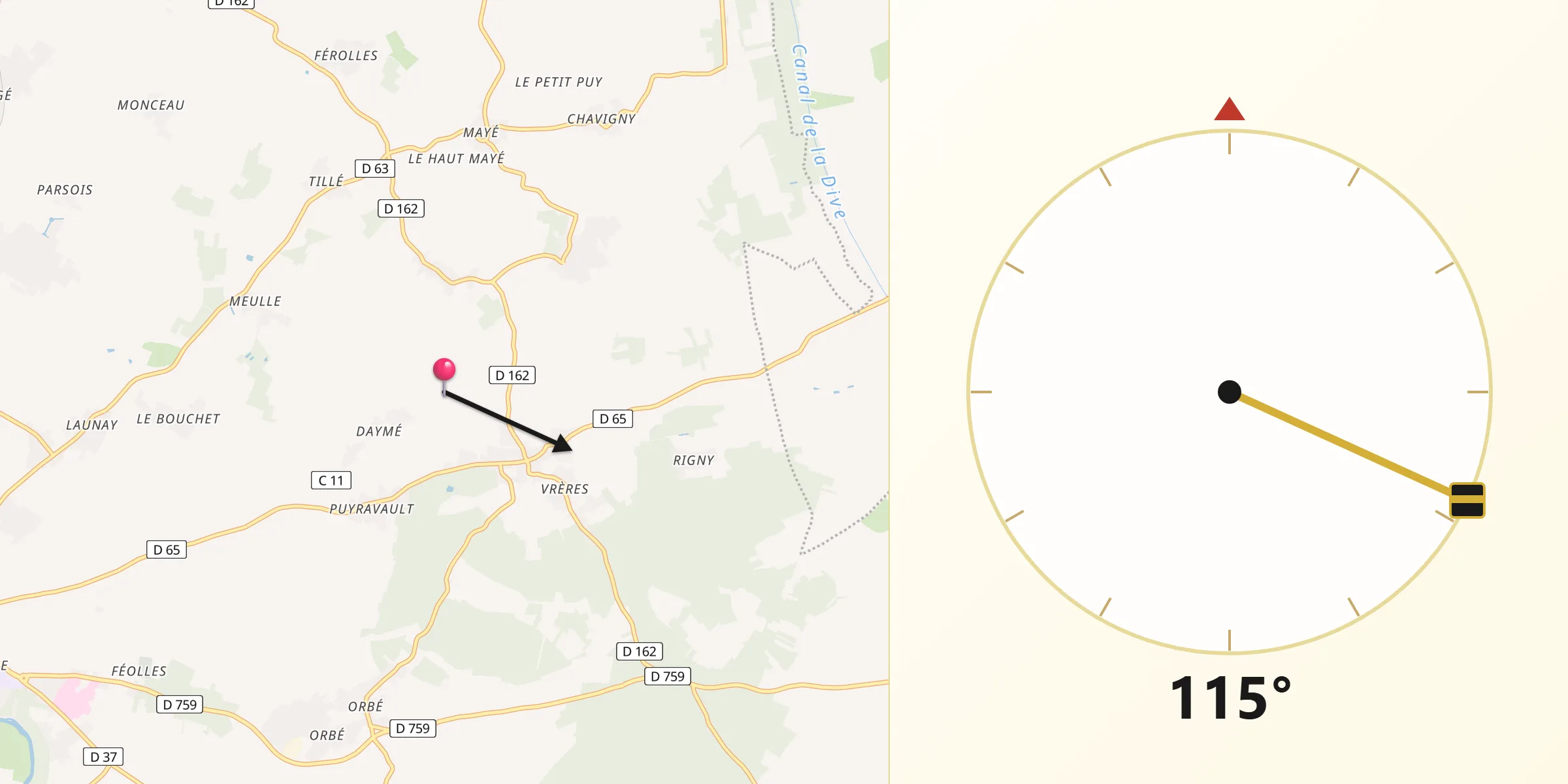 Direction vers la Qibla depuis Saint-Léger-de-Montbrun