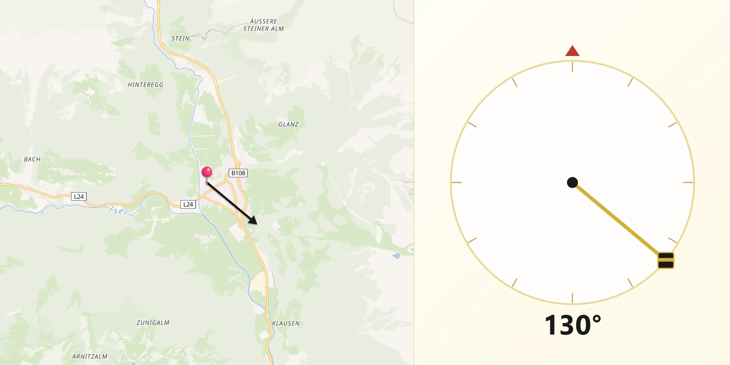 Qibla-Richtung von Matrei in Osttirol