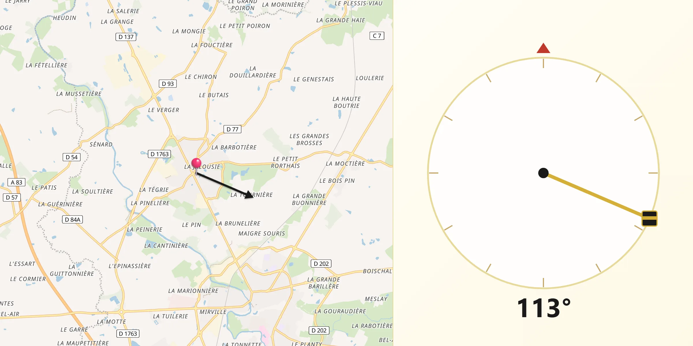 Direction vers la Qibla depuis Saint-Hilaire-de-Loulay