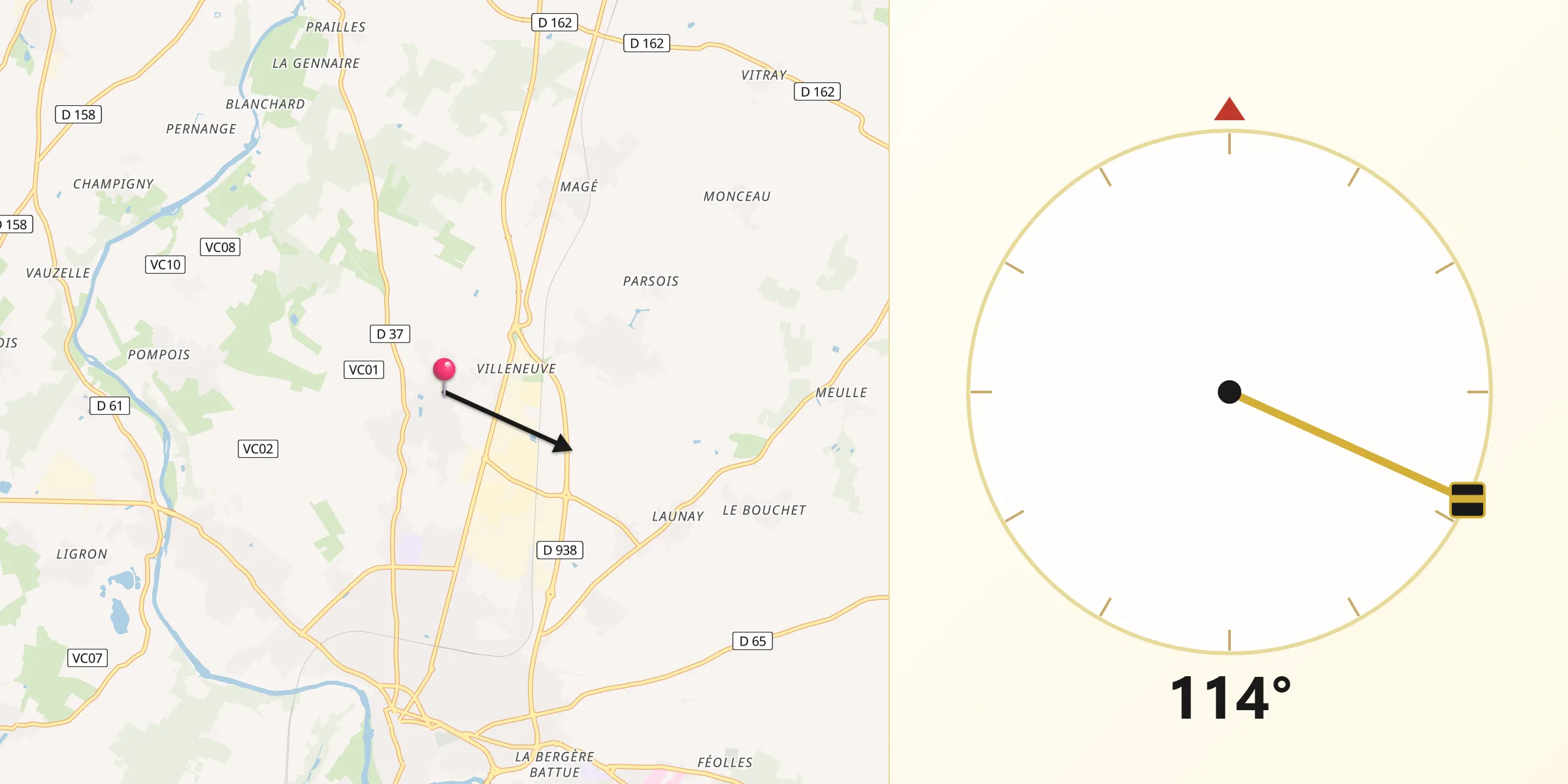 Direction vers la Qibla depuis Sainte-Verge