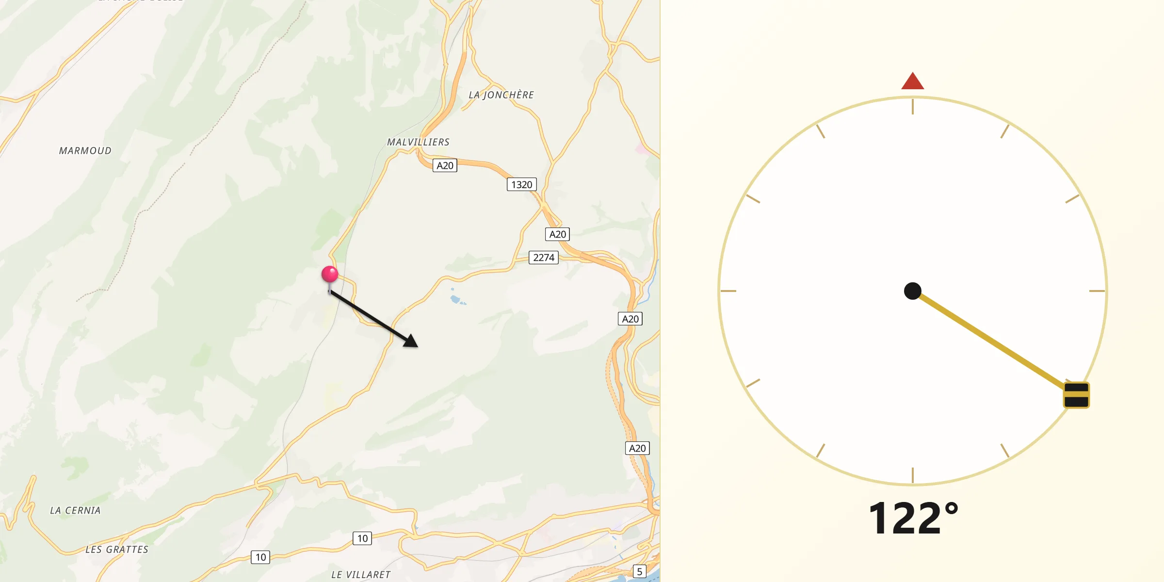 Qibla-Richtung von Les Geneveys-sur-Coffrane
