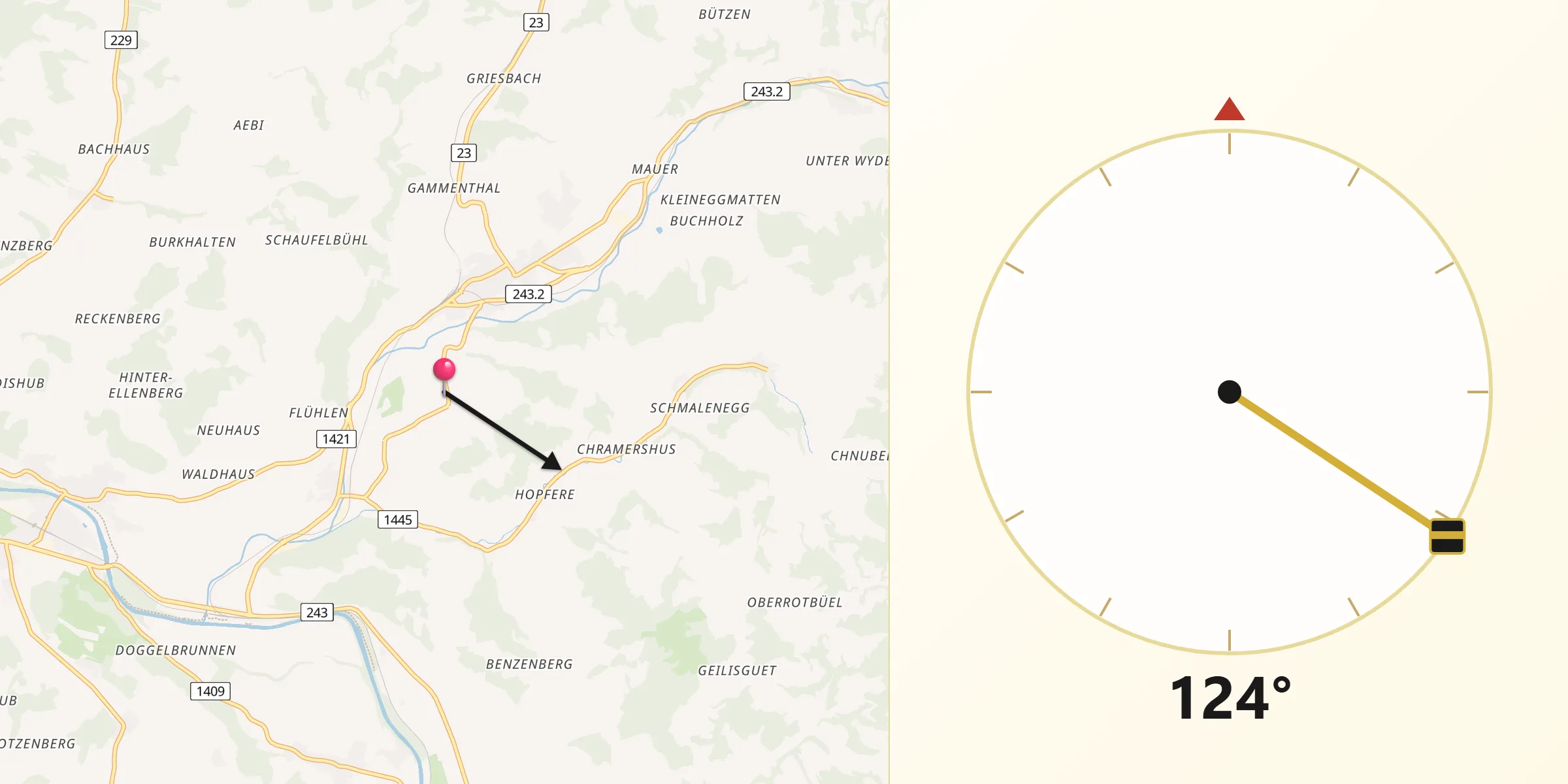 Direction vers la Qibla depuis Trachselwald