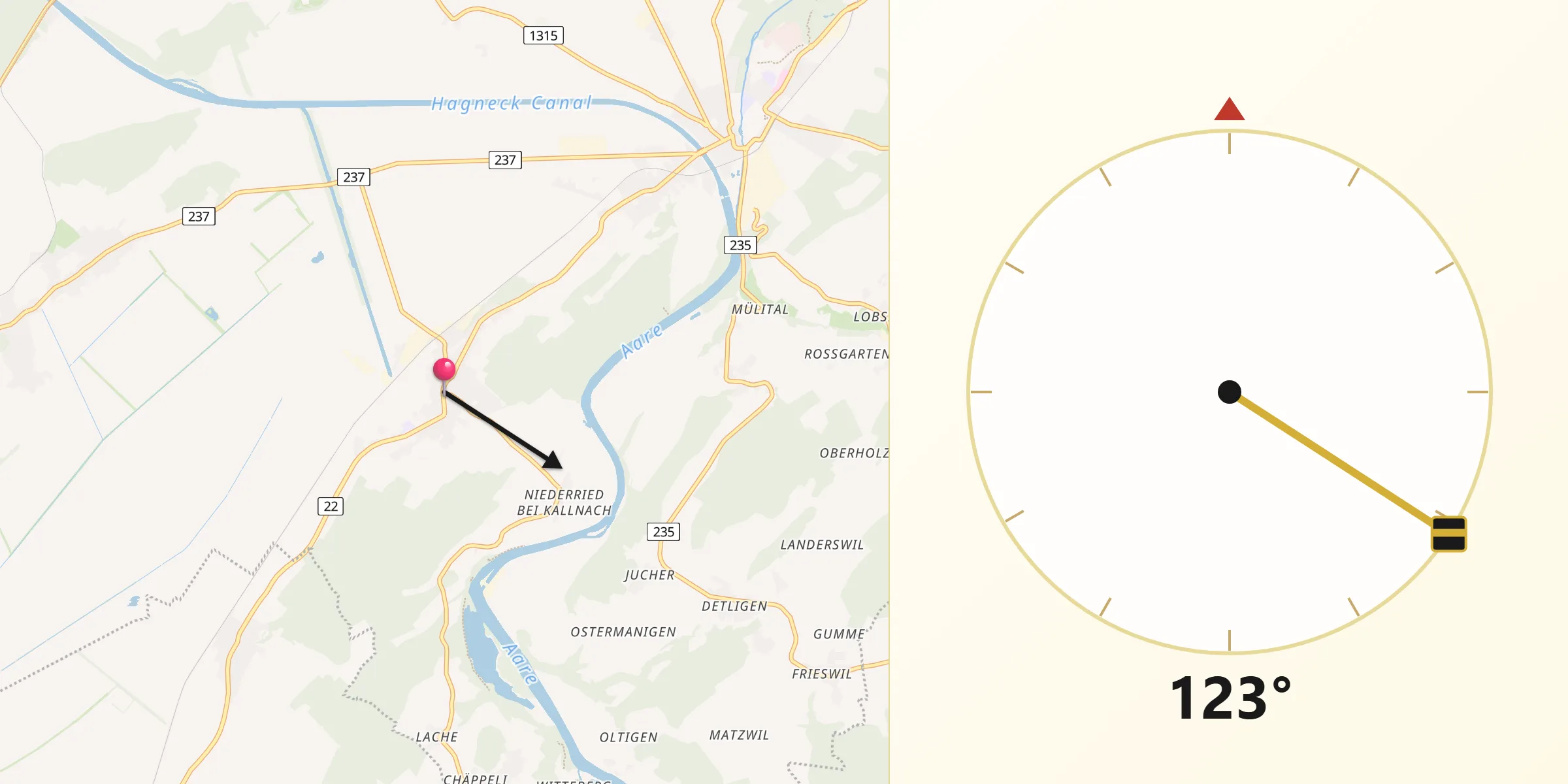 Direction vers la Qibla depuis Kallnach