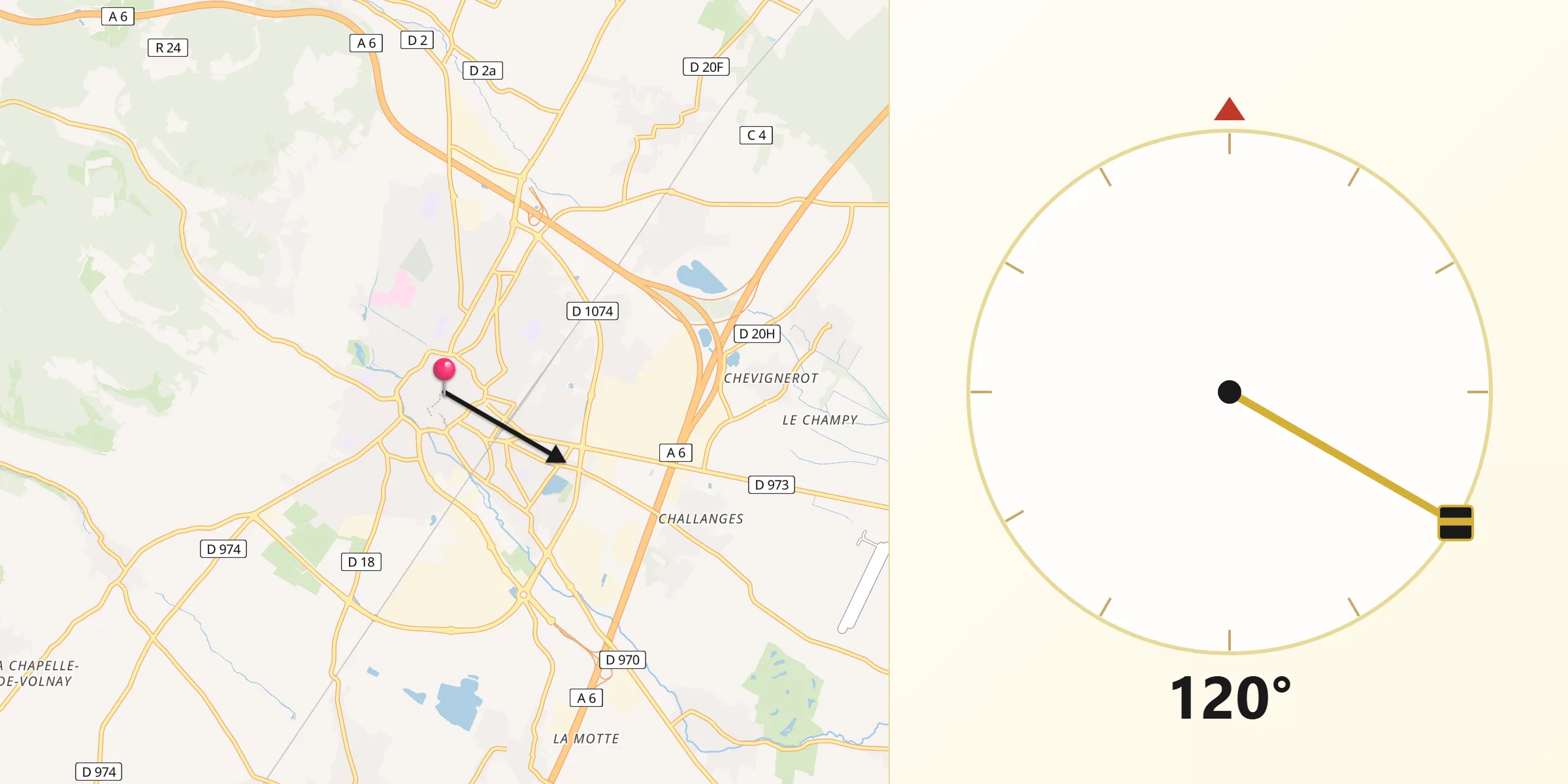 Direction vers la Qibla depuis Beaune