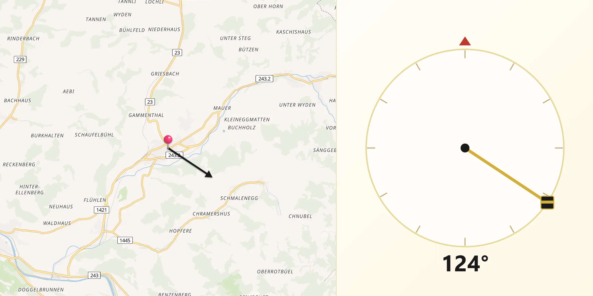 Direction vers la Qibla depuis Sumiswald