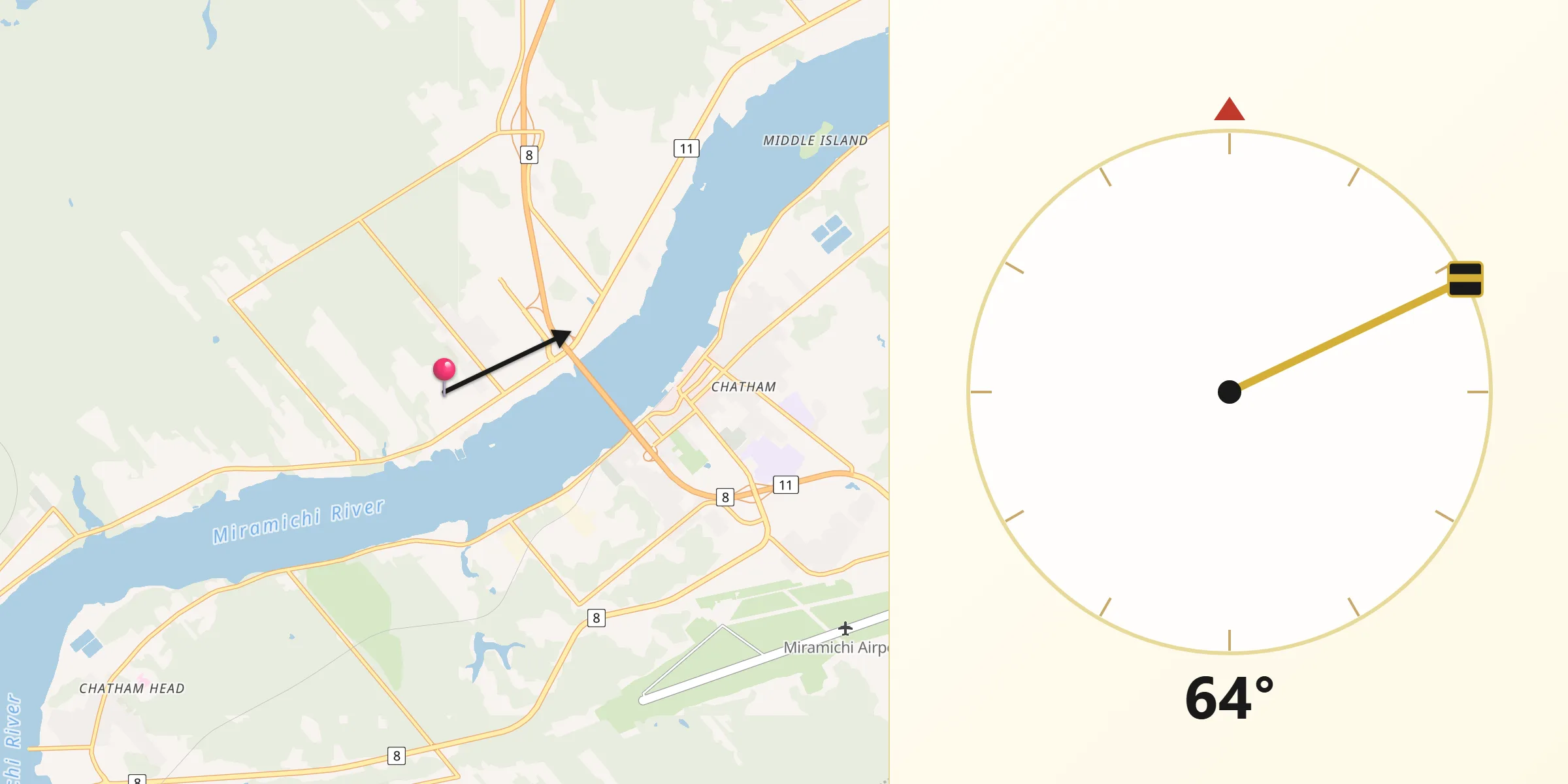 Qibla Direction from Miramichi