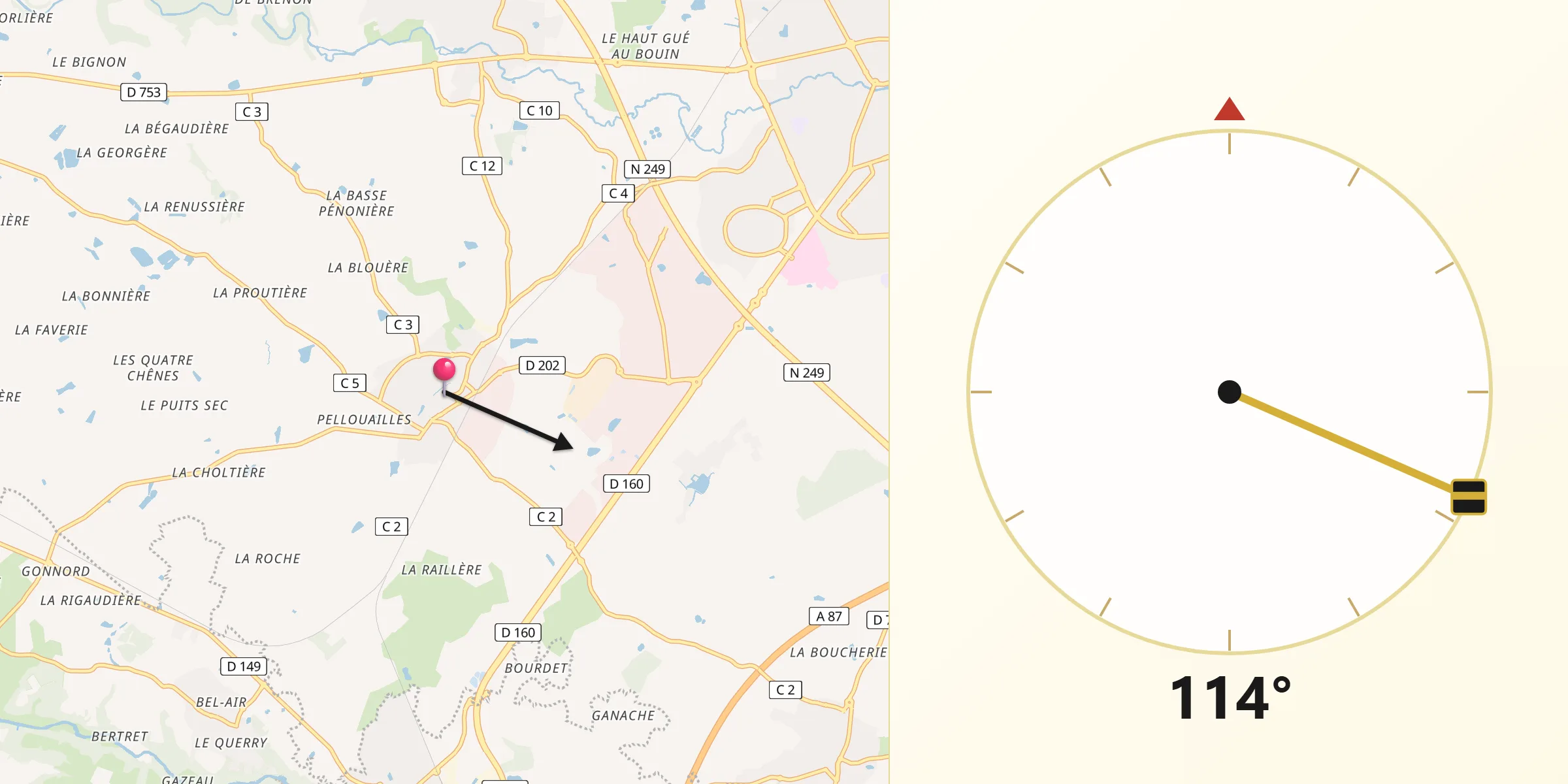 Direction vers la Qibla depuis Saint-Christophe-du-Bois