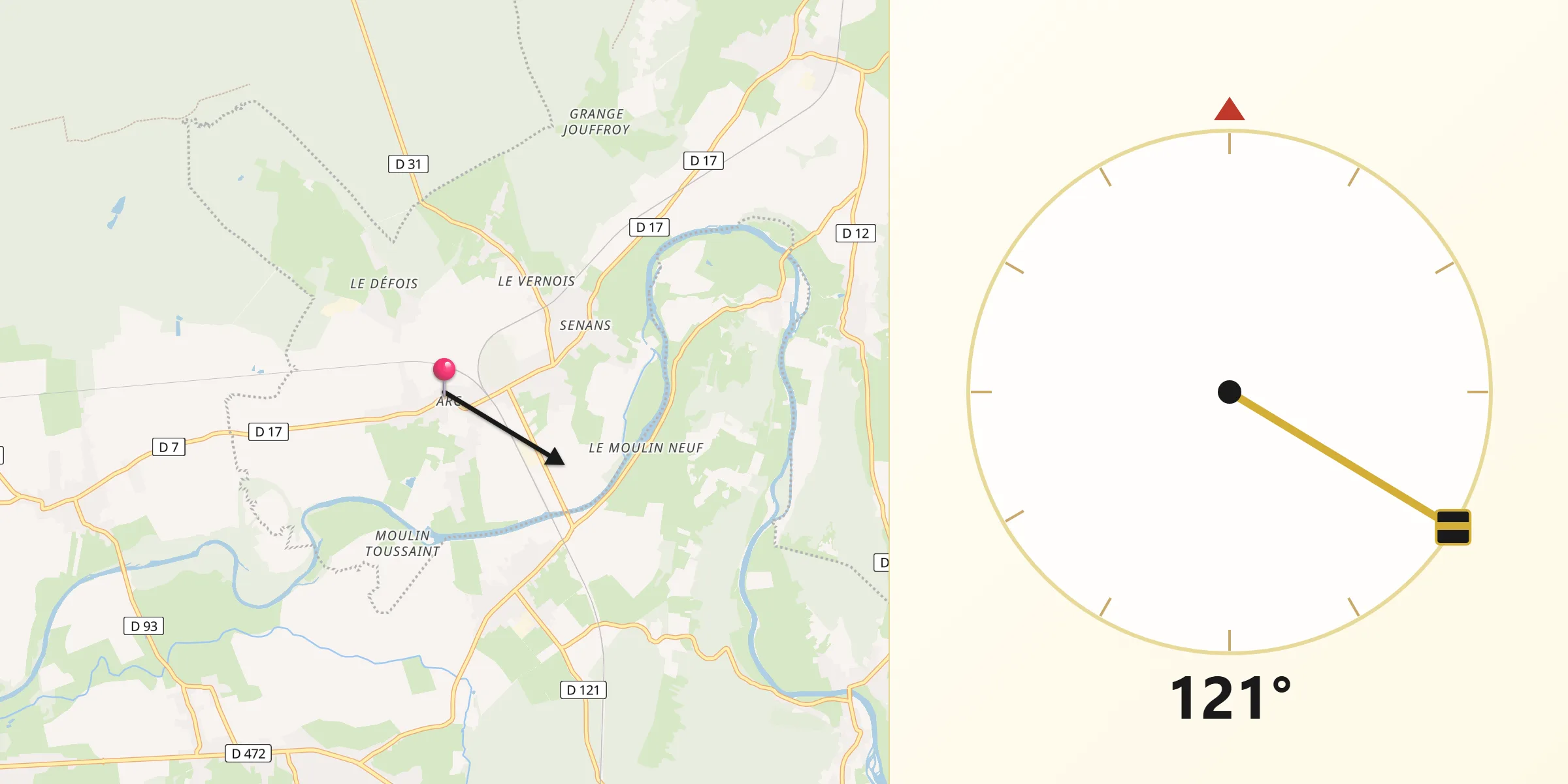 Direction vers la Qibla depuis Arc-et-Senans