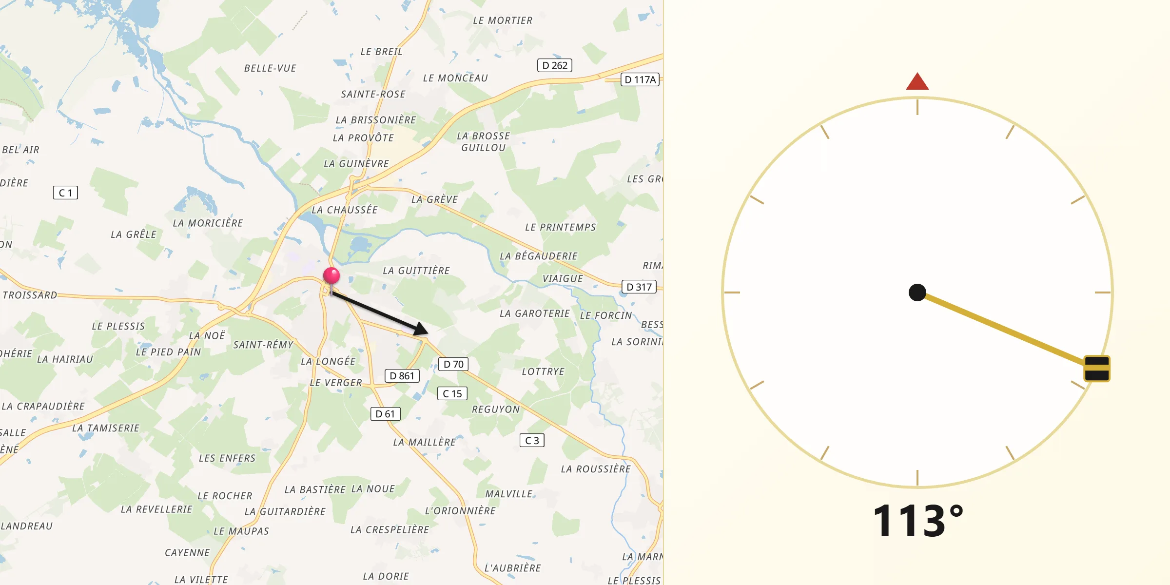 Direction vers la Qibla depuis Saint-Philbert-de-Grand-Lieu