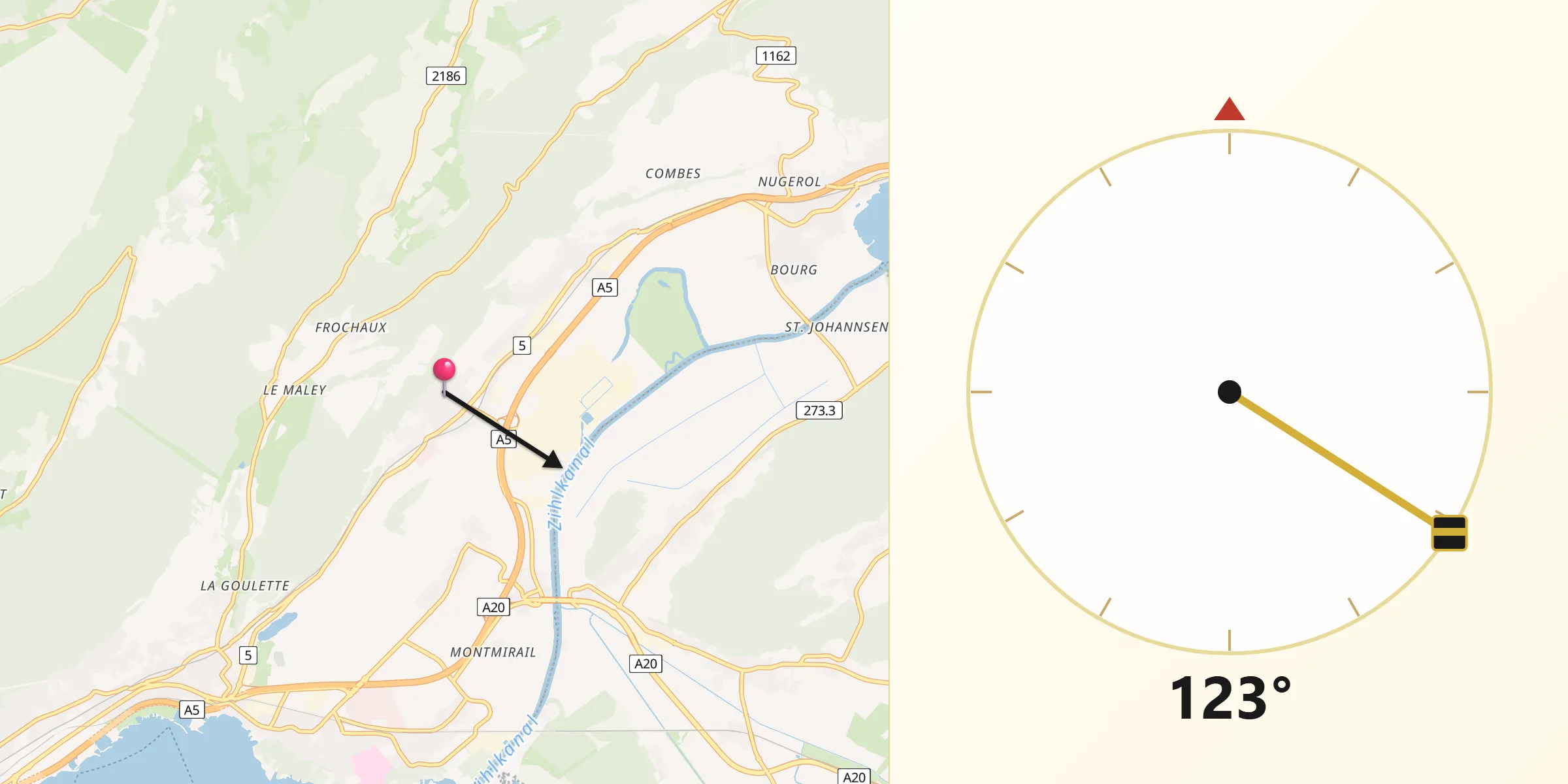 Direction vers la Qibla depuis Cornaux