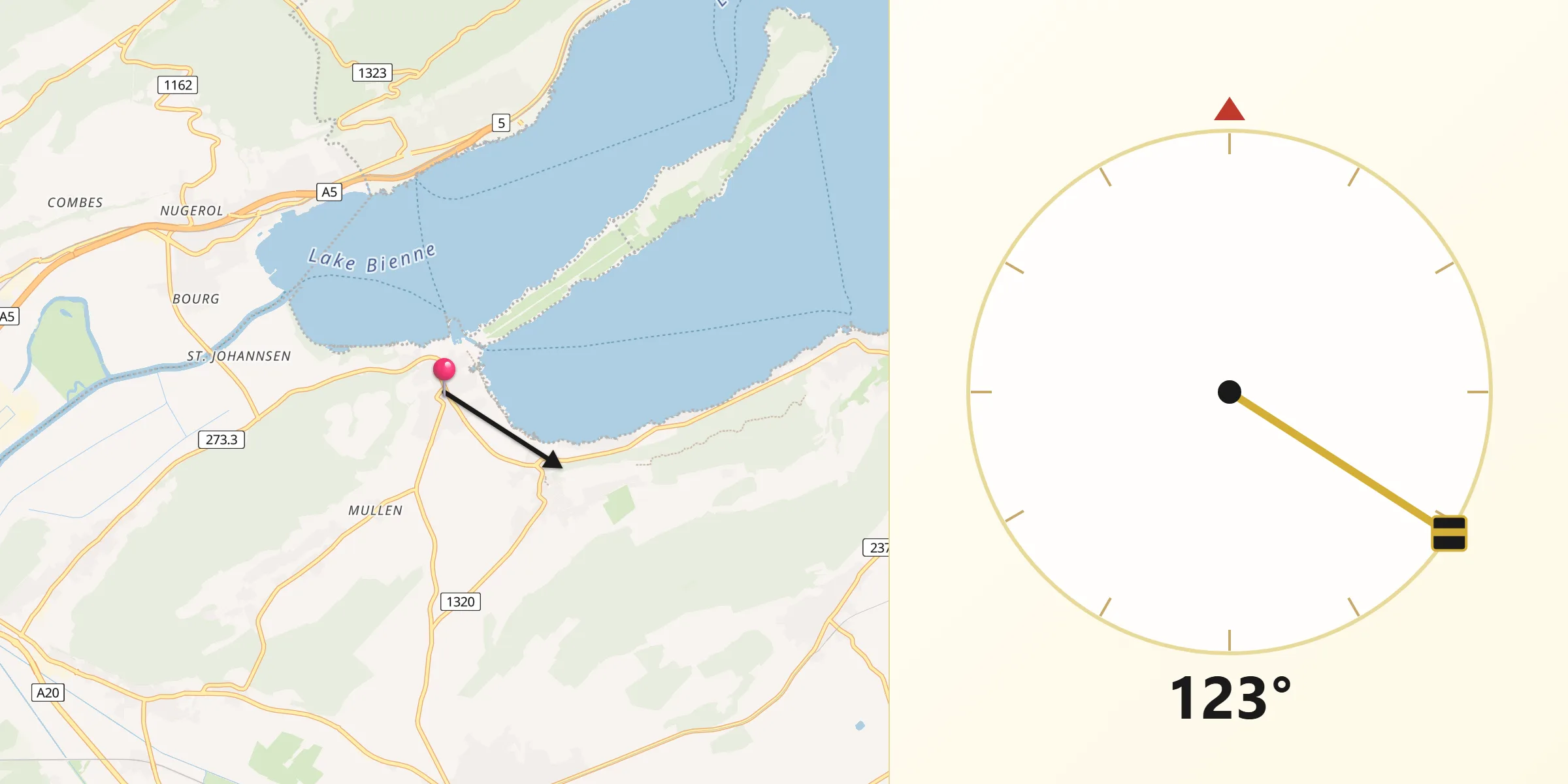 Direction vers la Qibla depuis Erlach