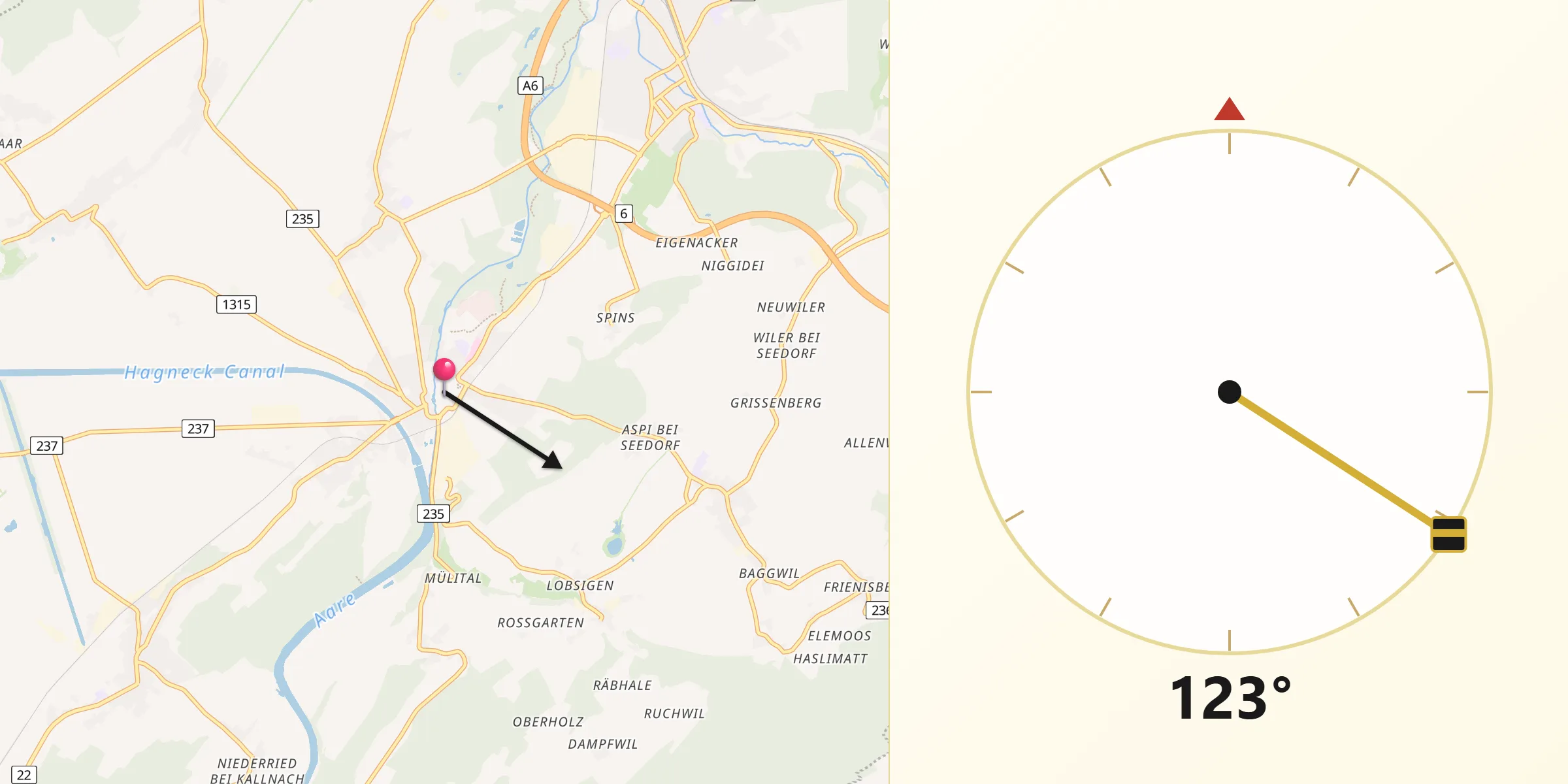 Direction vers la Qibla depuis Aarberg