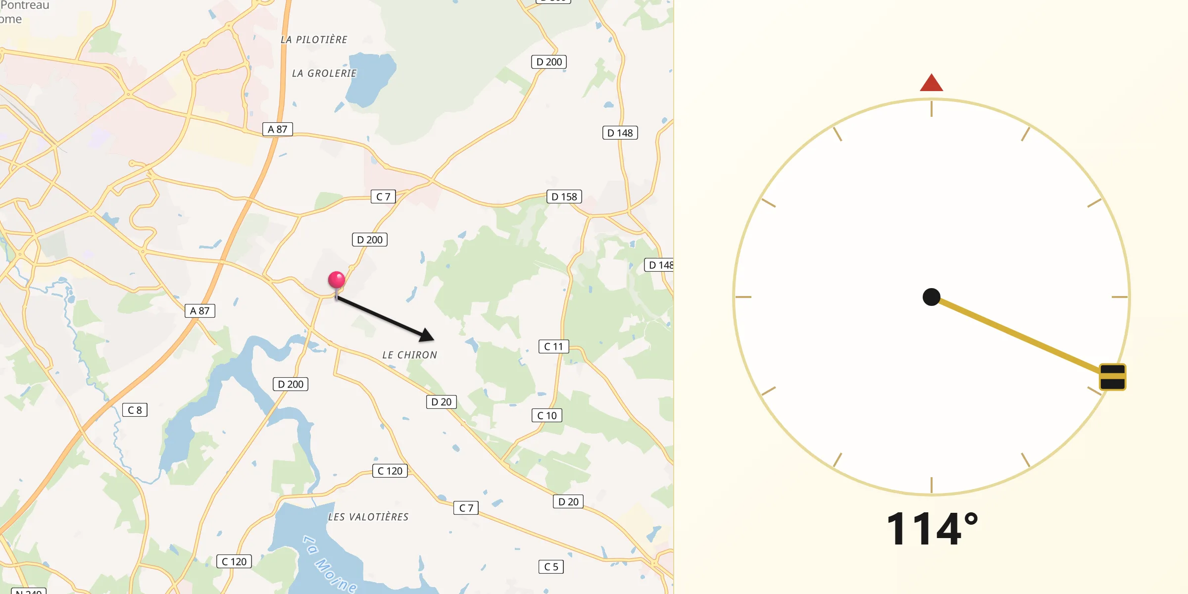 Direction vers la Qibla depuis Mazières-en-Mauges
