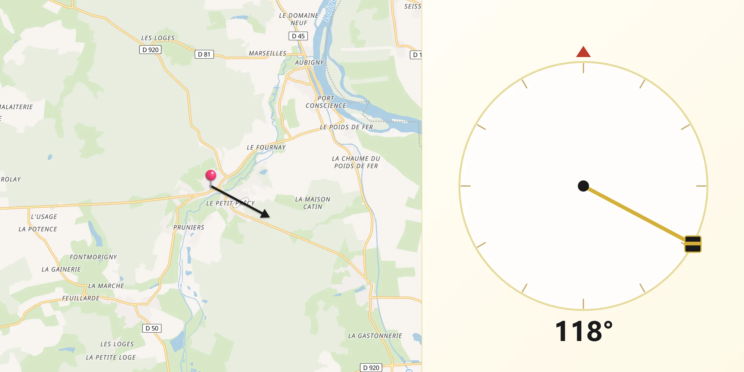 Direction vers la Qibla depuis Jouet-sur-l'Aubois