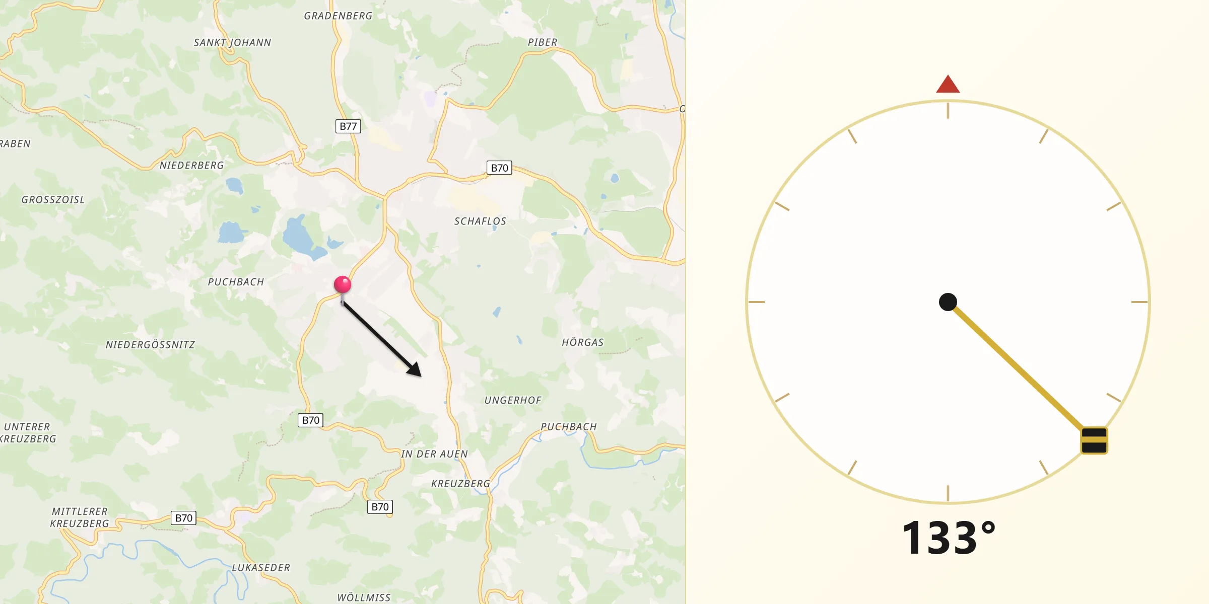 Qibla-Richtung von Pichling bei Köflach