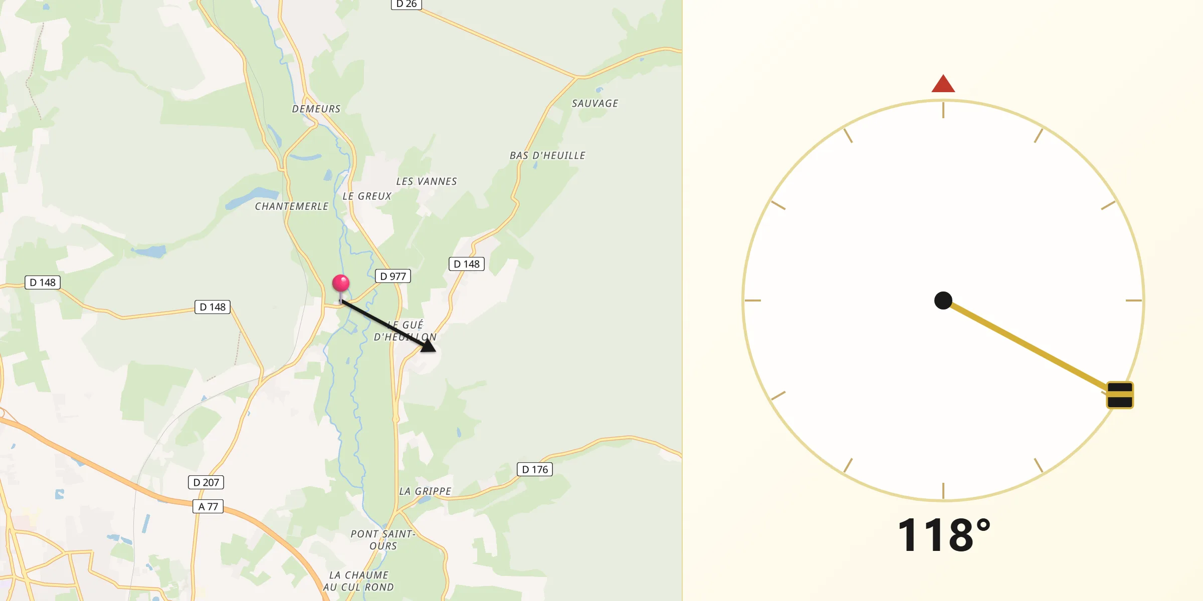 Direction vers la Qibla depuis Urzy