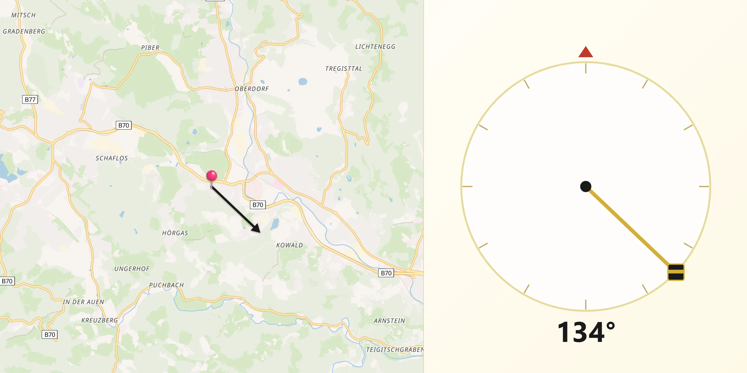 Qibla-Richtung von Rosental an der Kainach
