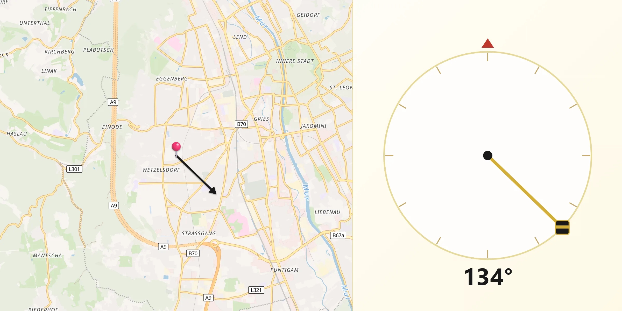 Qibla-Richtung von Wetzelsdorf