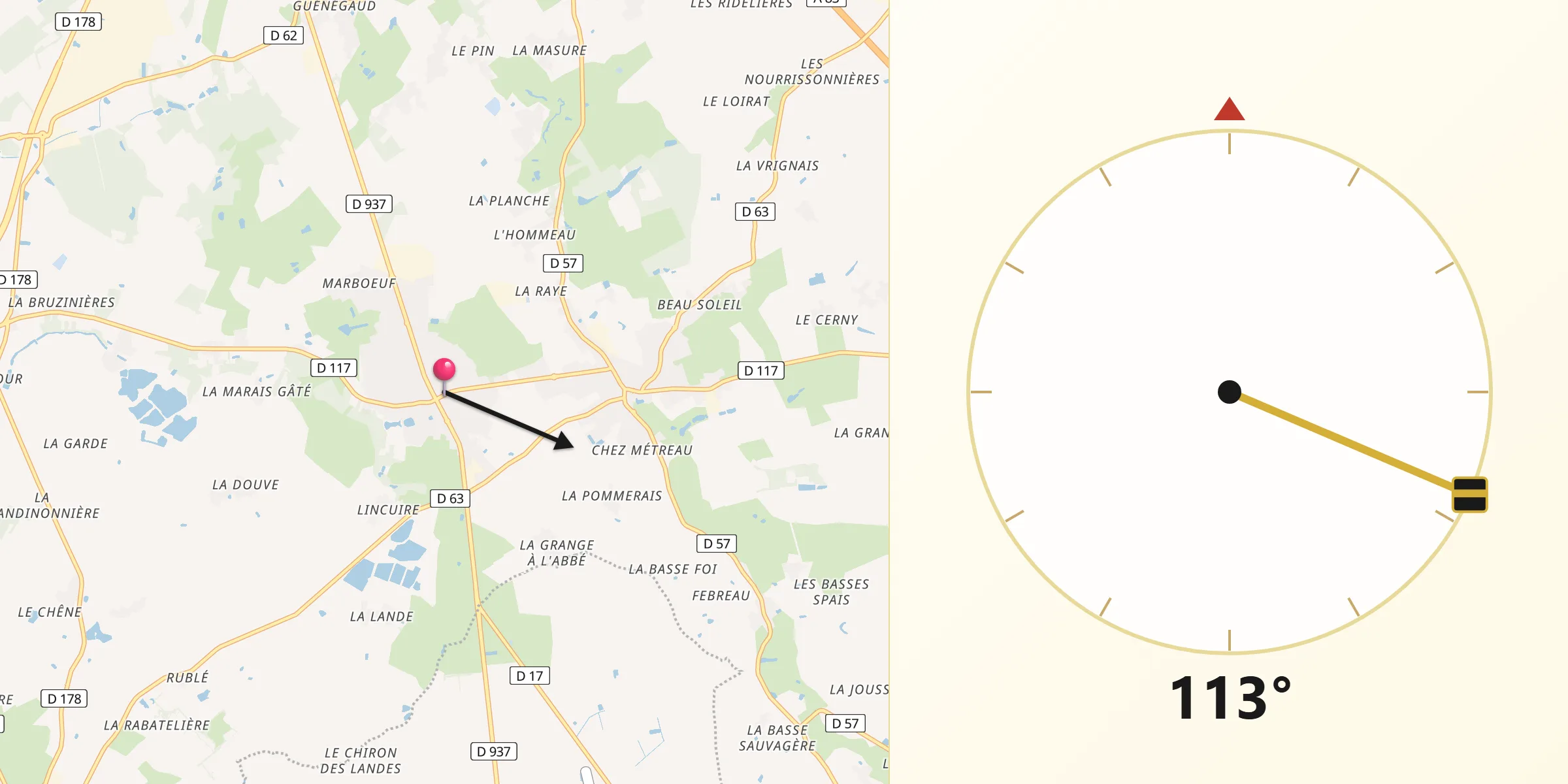 Direction vers la Qibla depuis Geneston