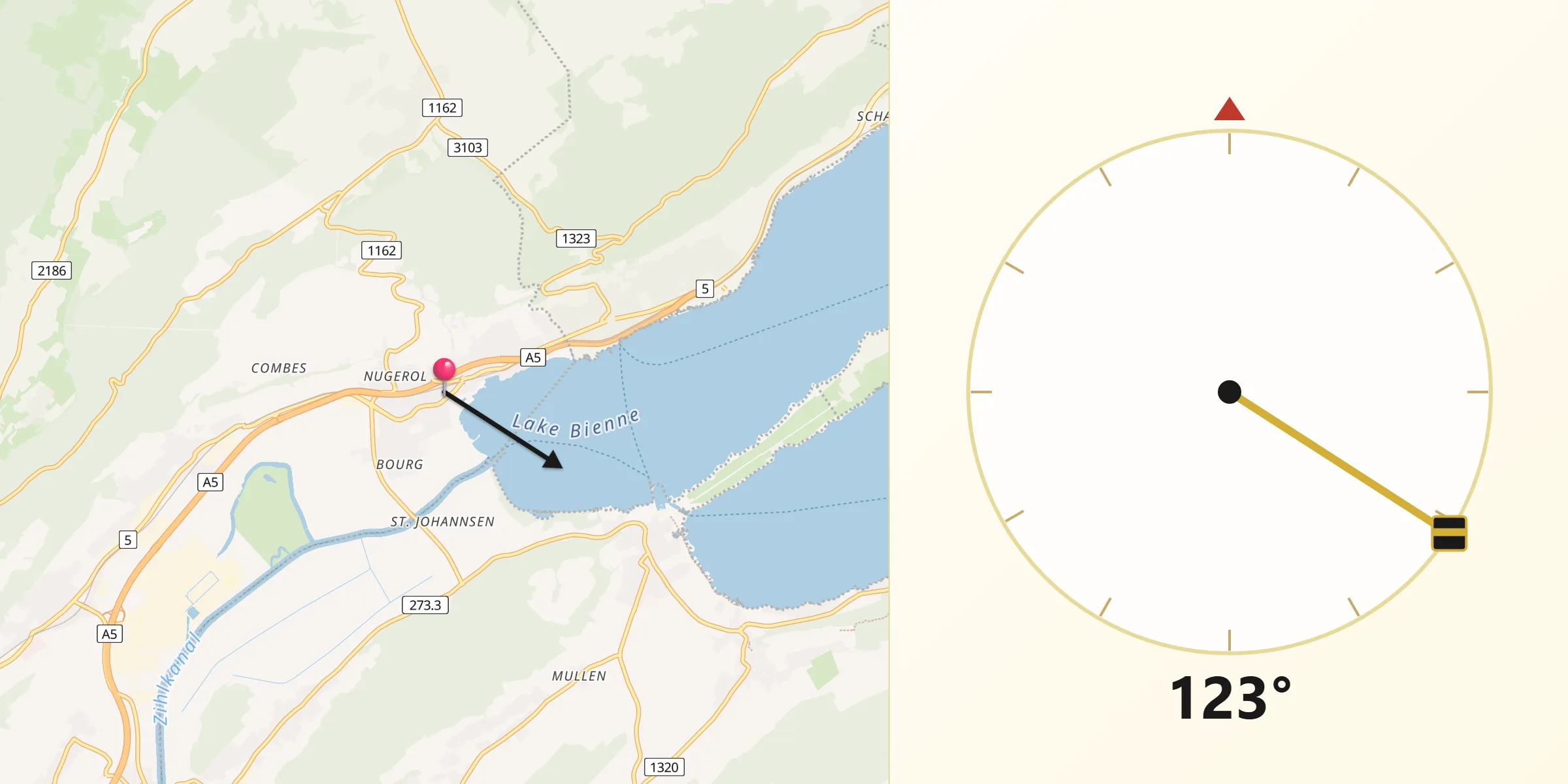 Direction vers la Qibla depuis Le Landeron