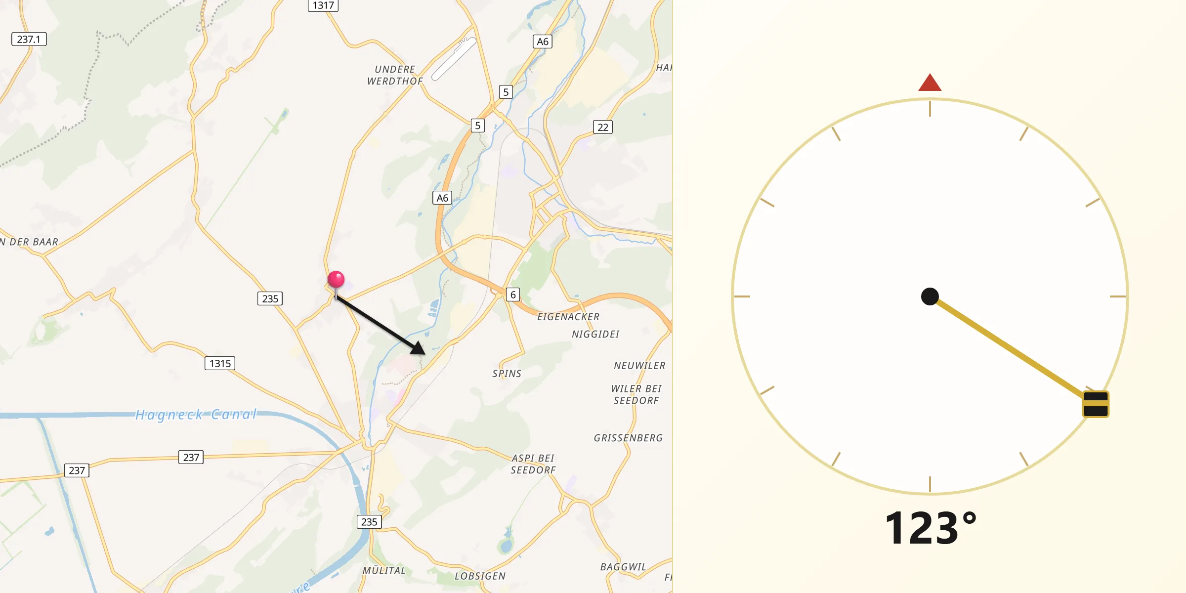 Direction vers la Qibla depuis Kappelen
