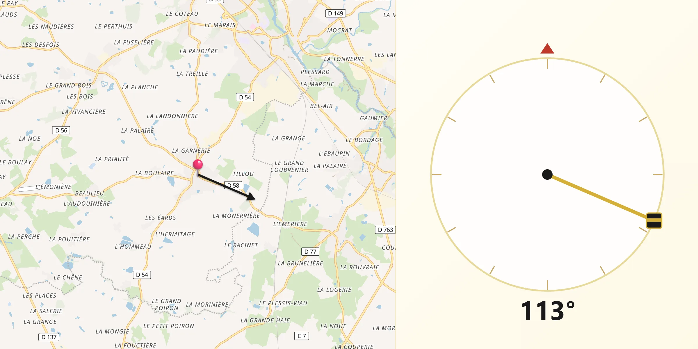 Direction vers la Qibla depuis Saint-Hilaire-de-Clisson