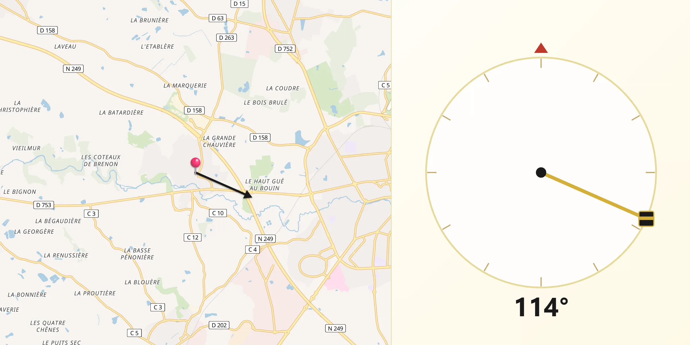 Direction vers la Qibla depuis La Séguinière