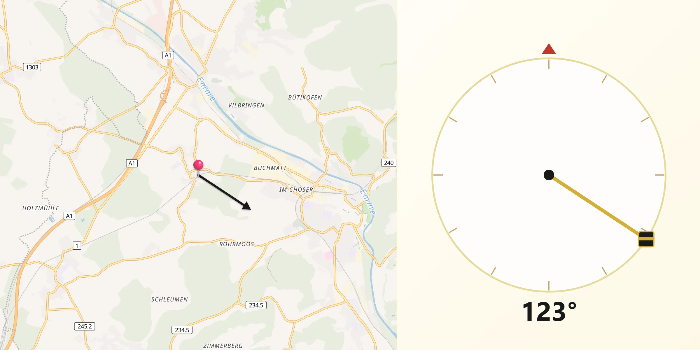 Direction vers la Qibla depuis Lyssach