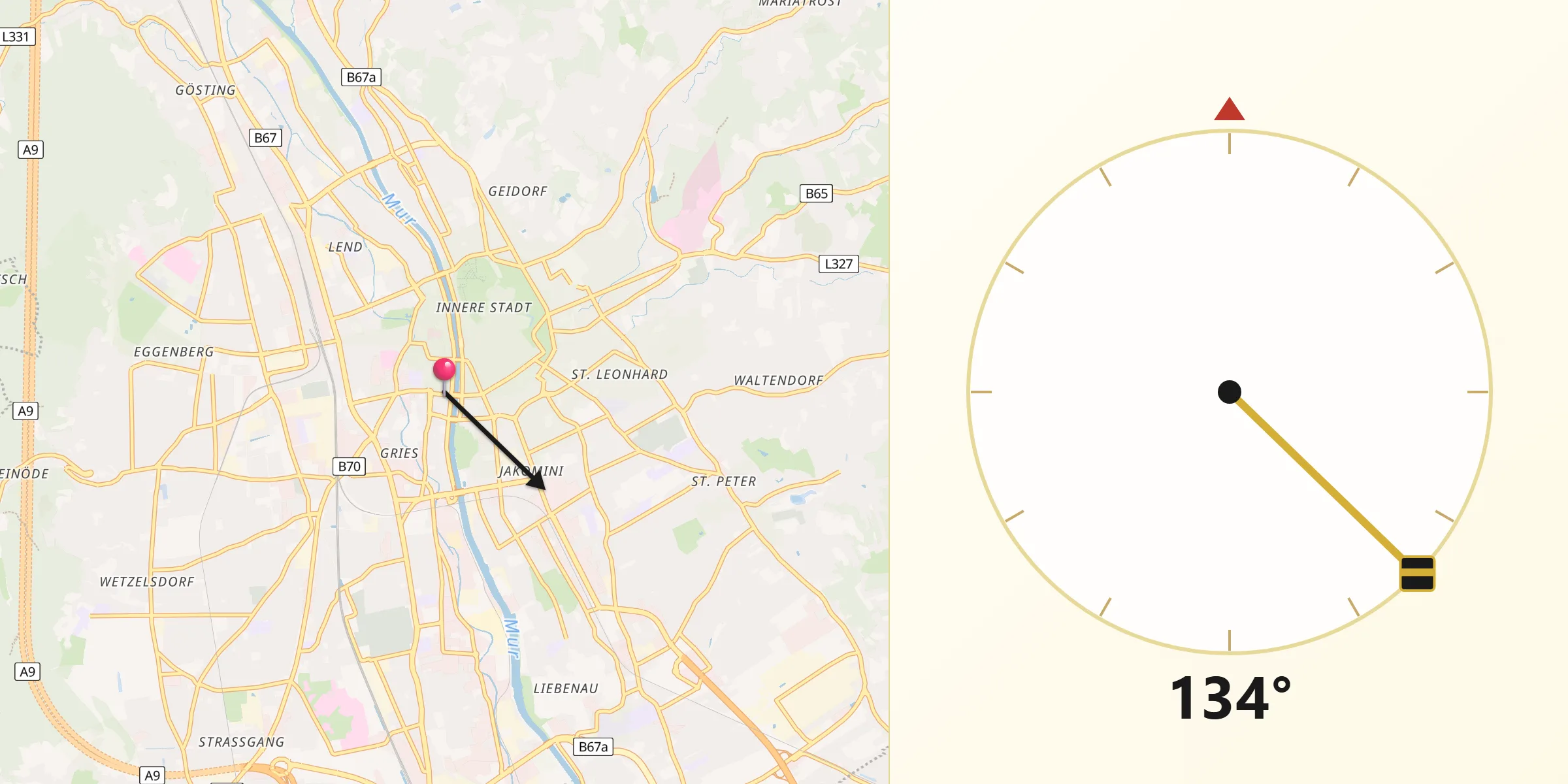 Qibla-Richtung von Graz Stadt