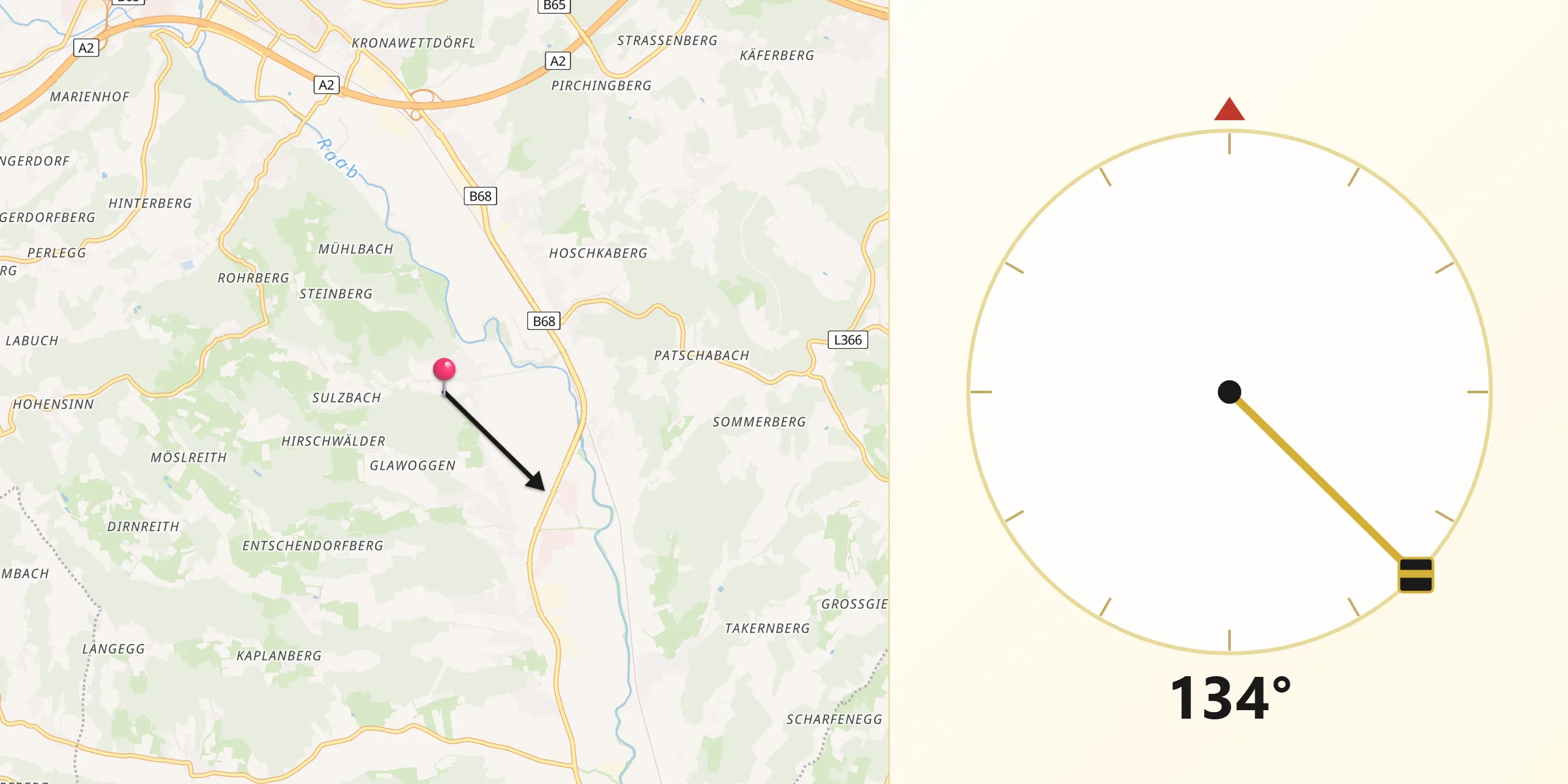 Qibla-Richtung von Hofstätten an der Raab