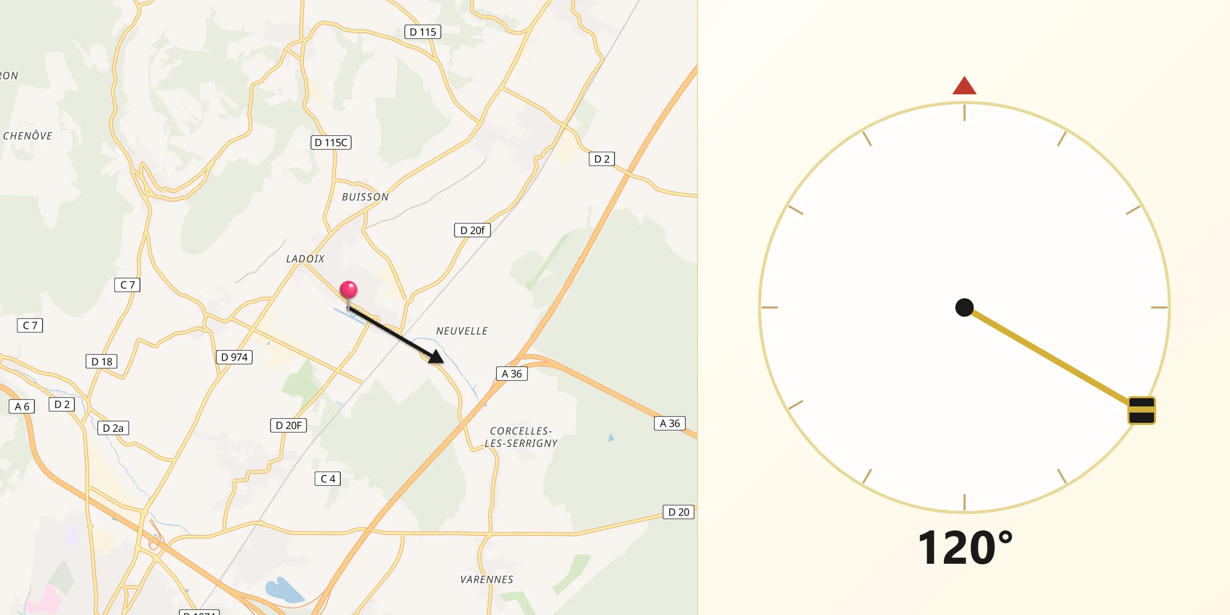 Direction vers la Qibla depuis Ladoix-Serrigny