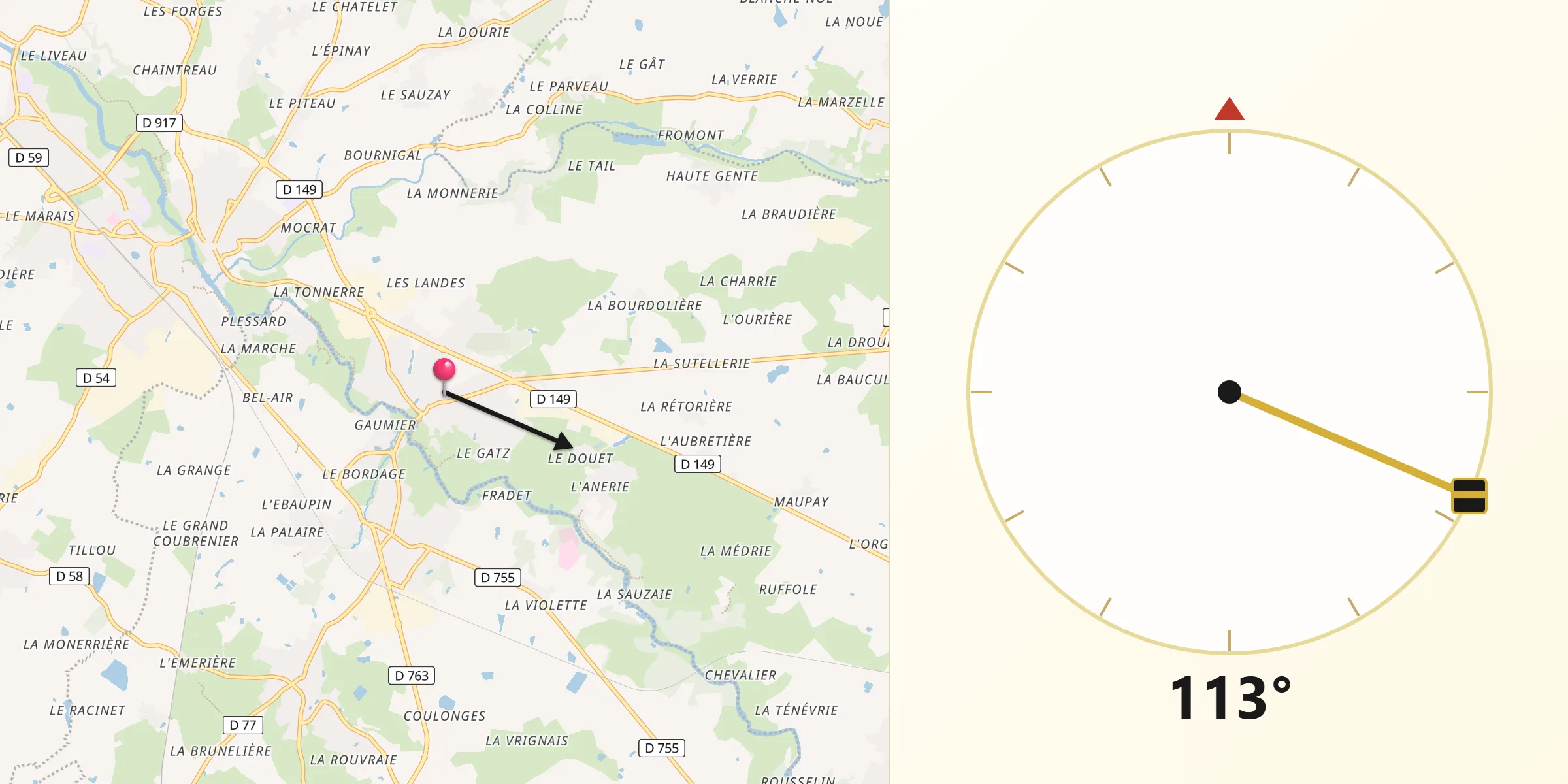 Direction vers la Qibla depuis Gétigné