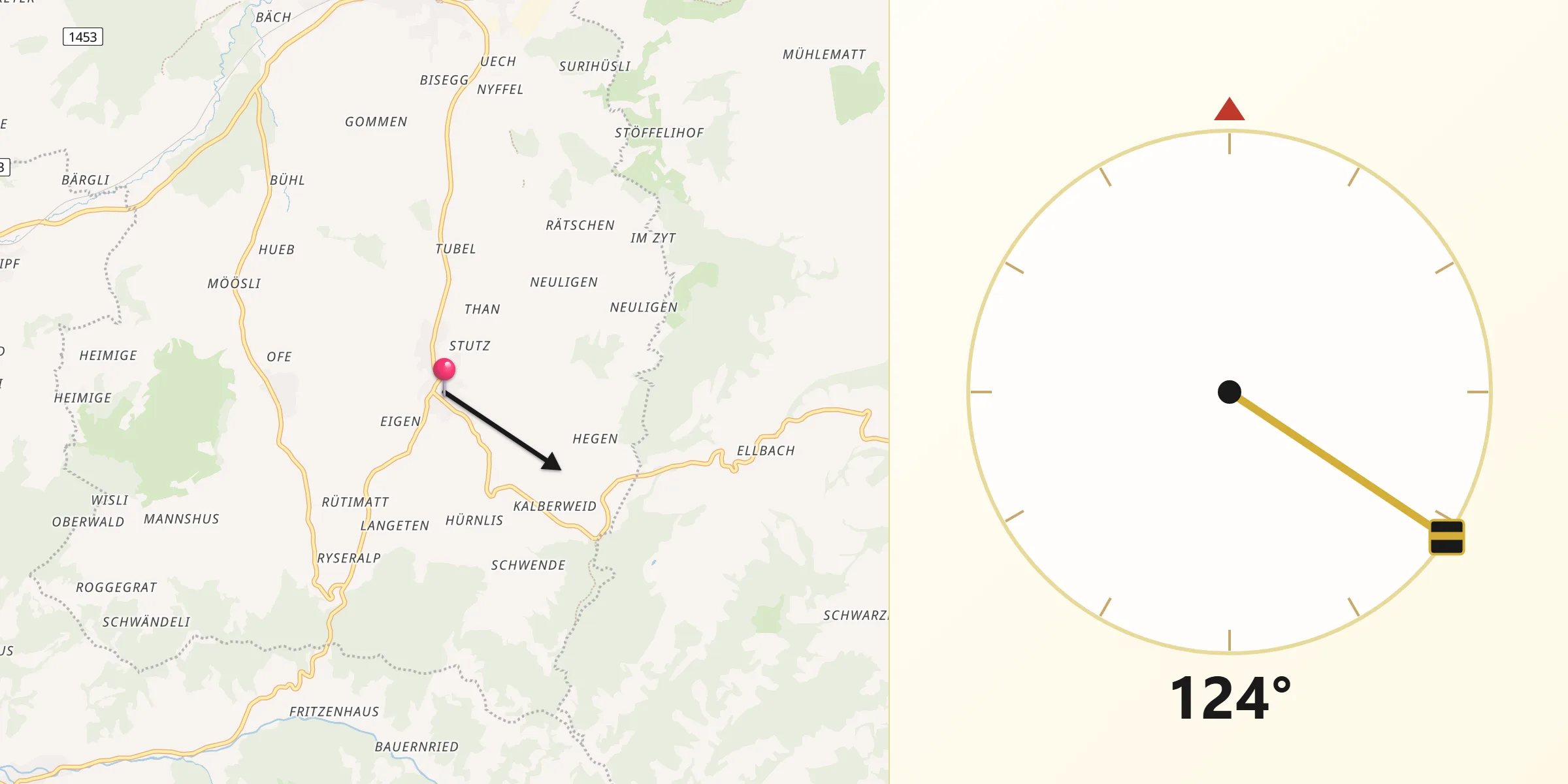Direction vers la Qibla depuis Eriswil