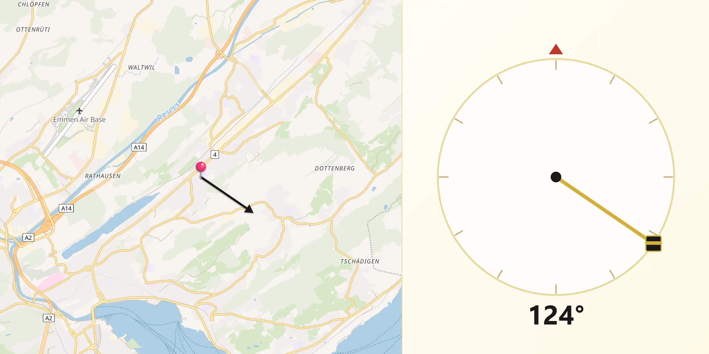 Direction vers la Qibla depuis Ebikon