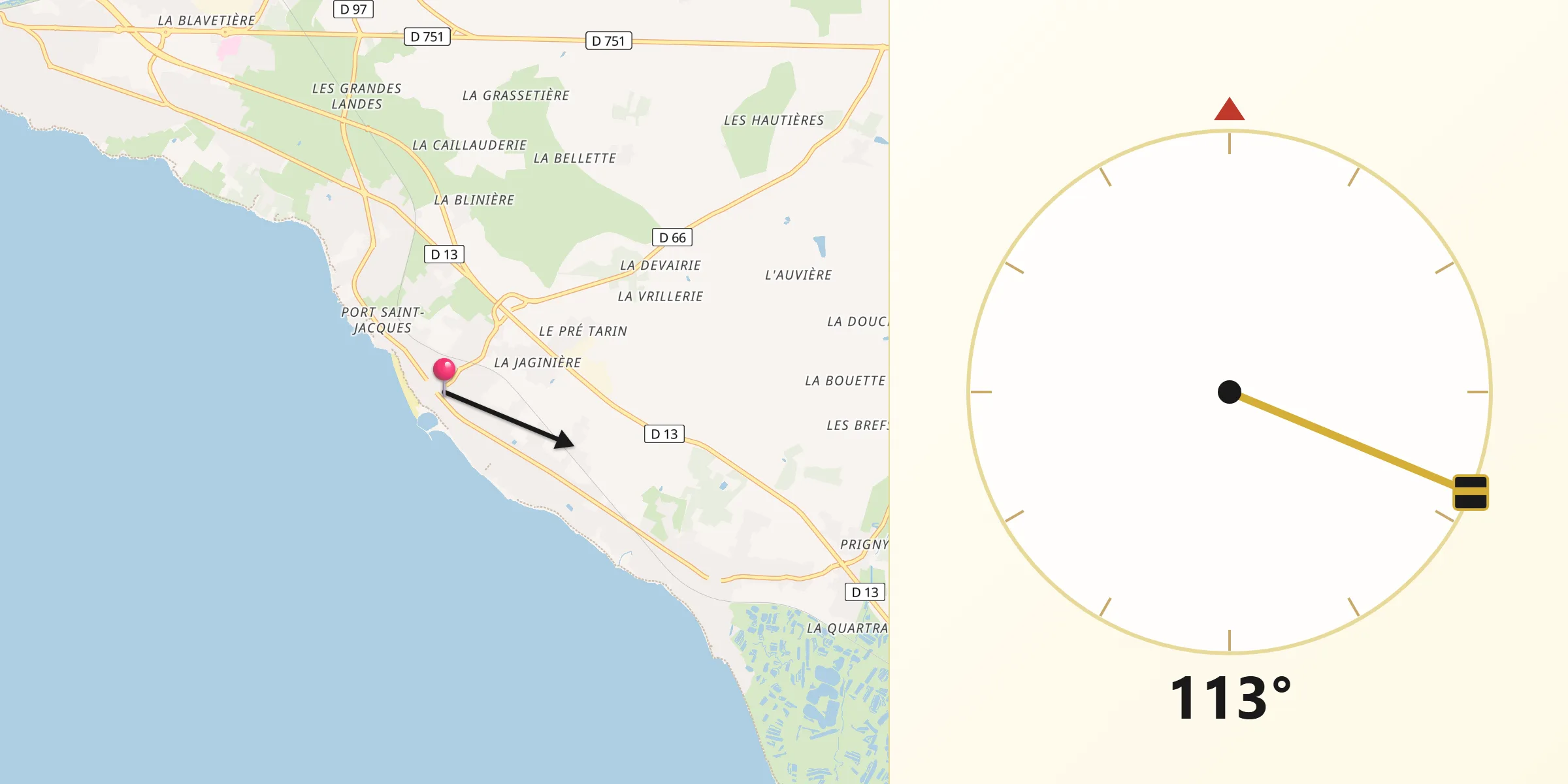 Direction vers la Qibla depuis La Bernerie-en-Retz