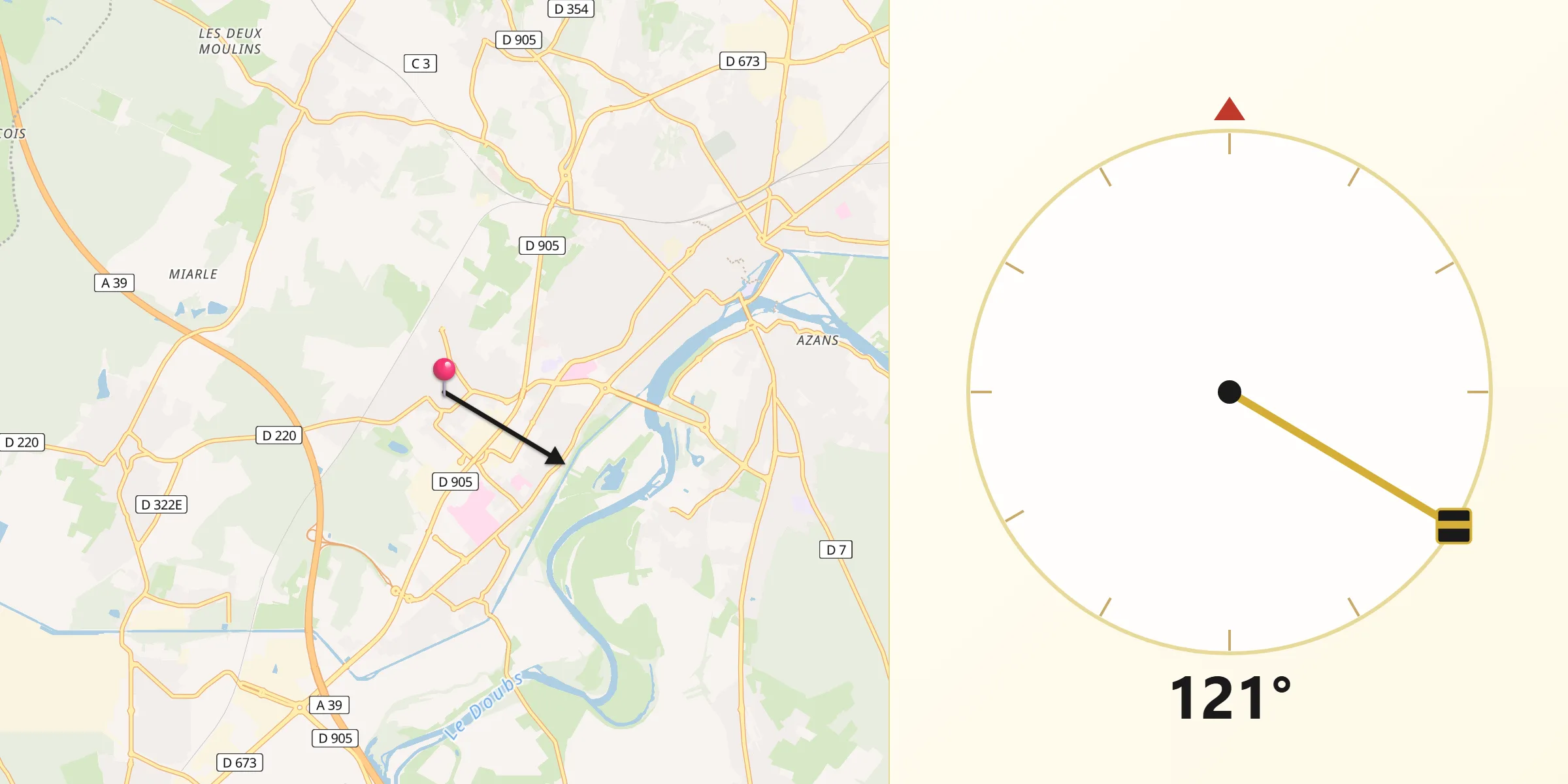 Direction vers la Qibla depuis Foucherans
