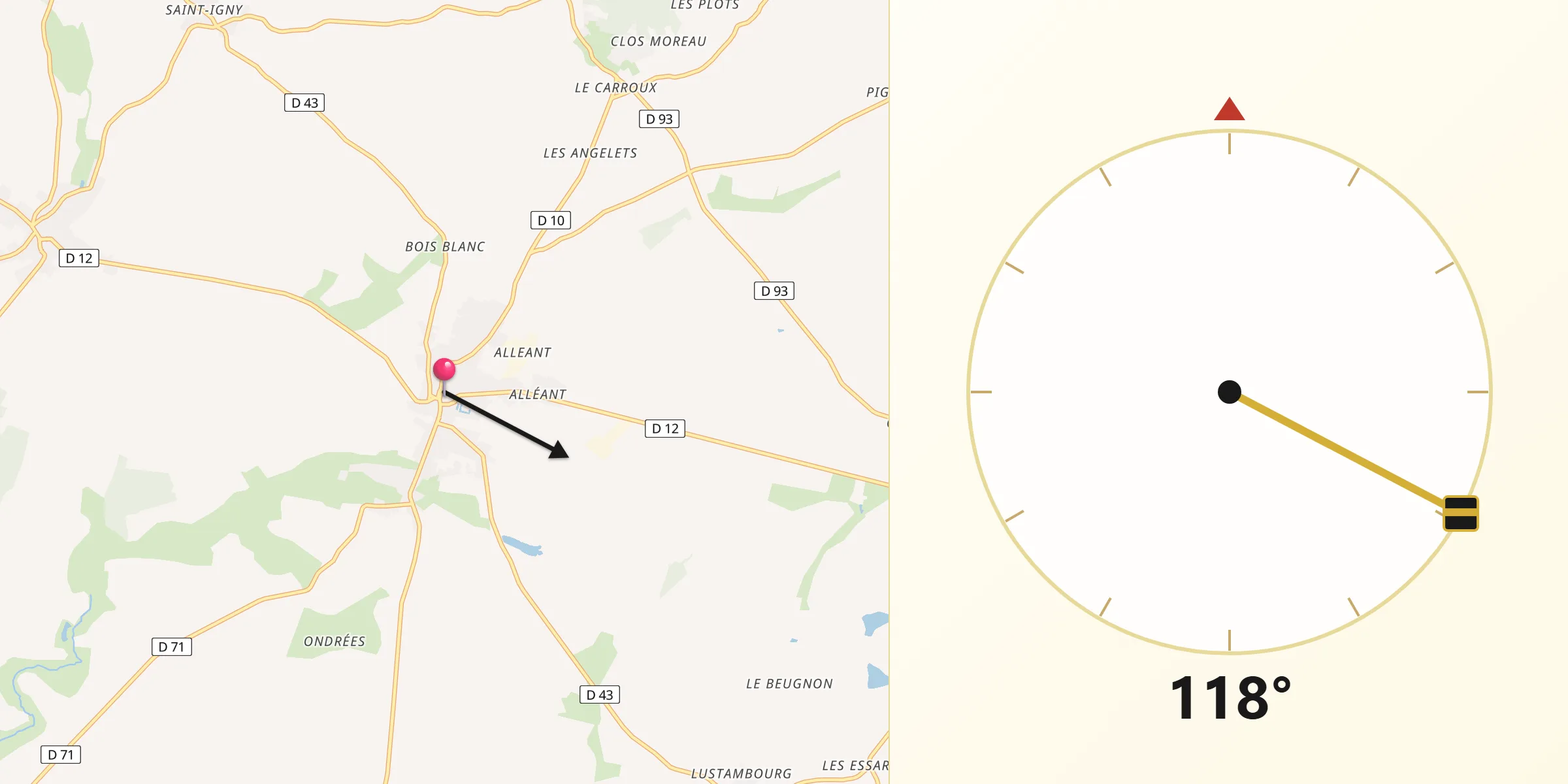 Direction vers la Qibla depuis Baugy