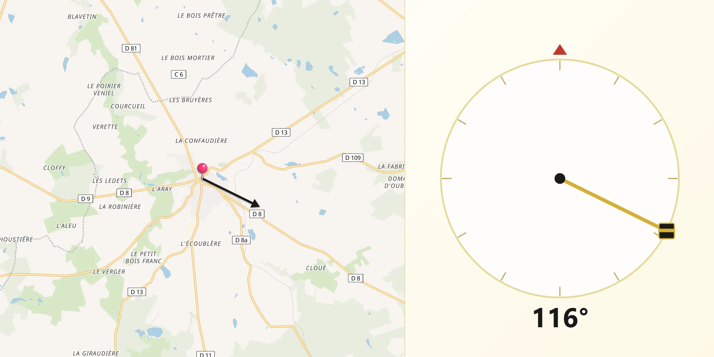 Direction vers la Qibla depuis Écueillé
