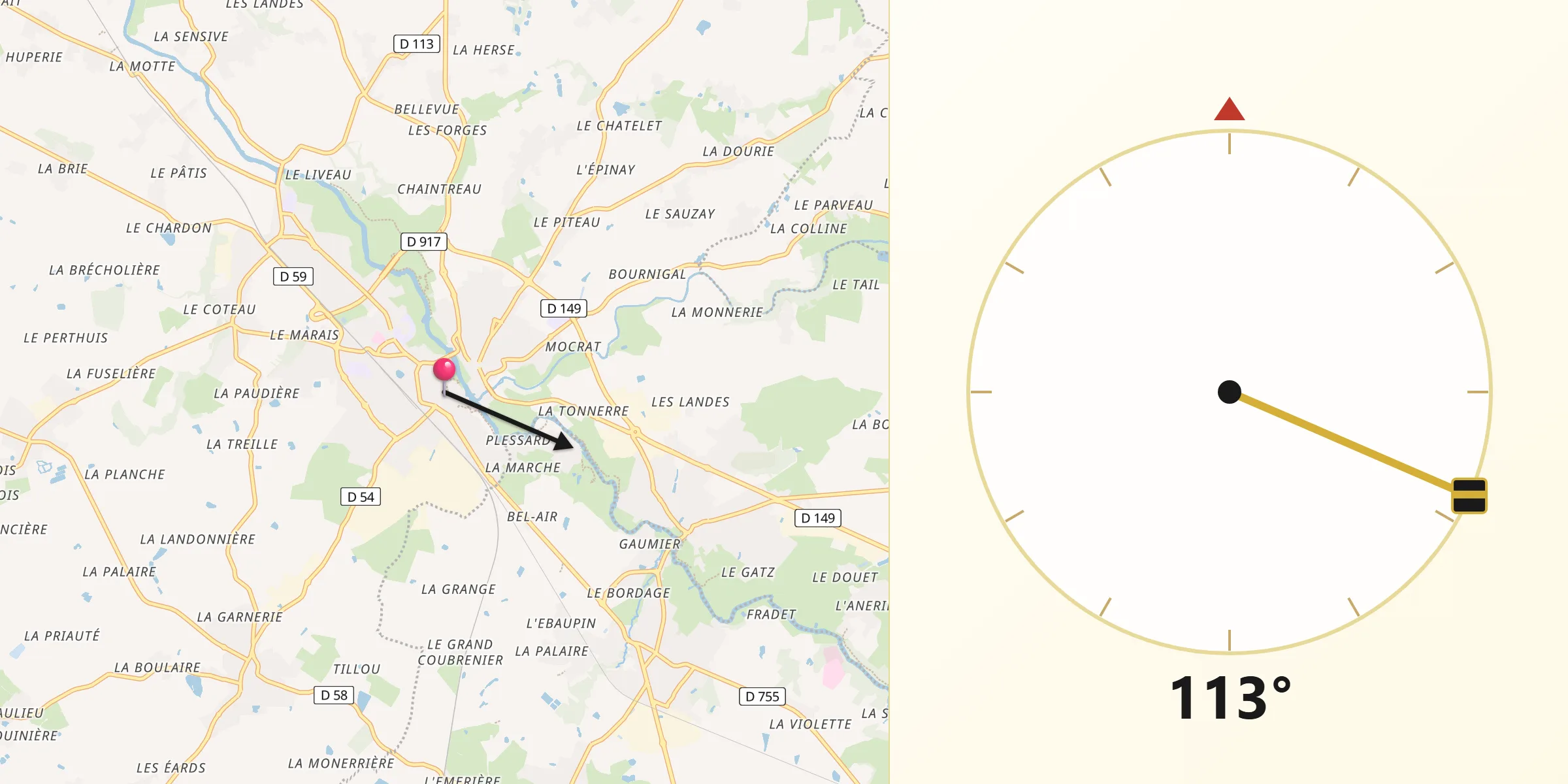 Direction vers la Qibla depuis Clisson