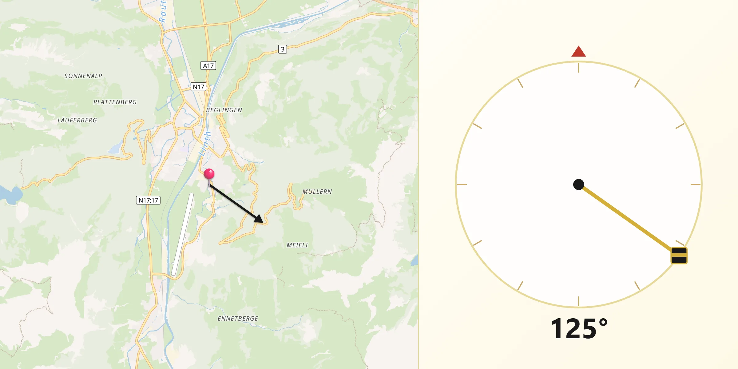 Direction vers la Qibla depuis Mollis
