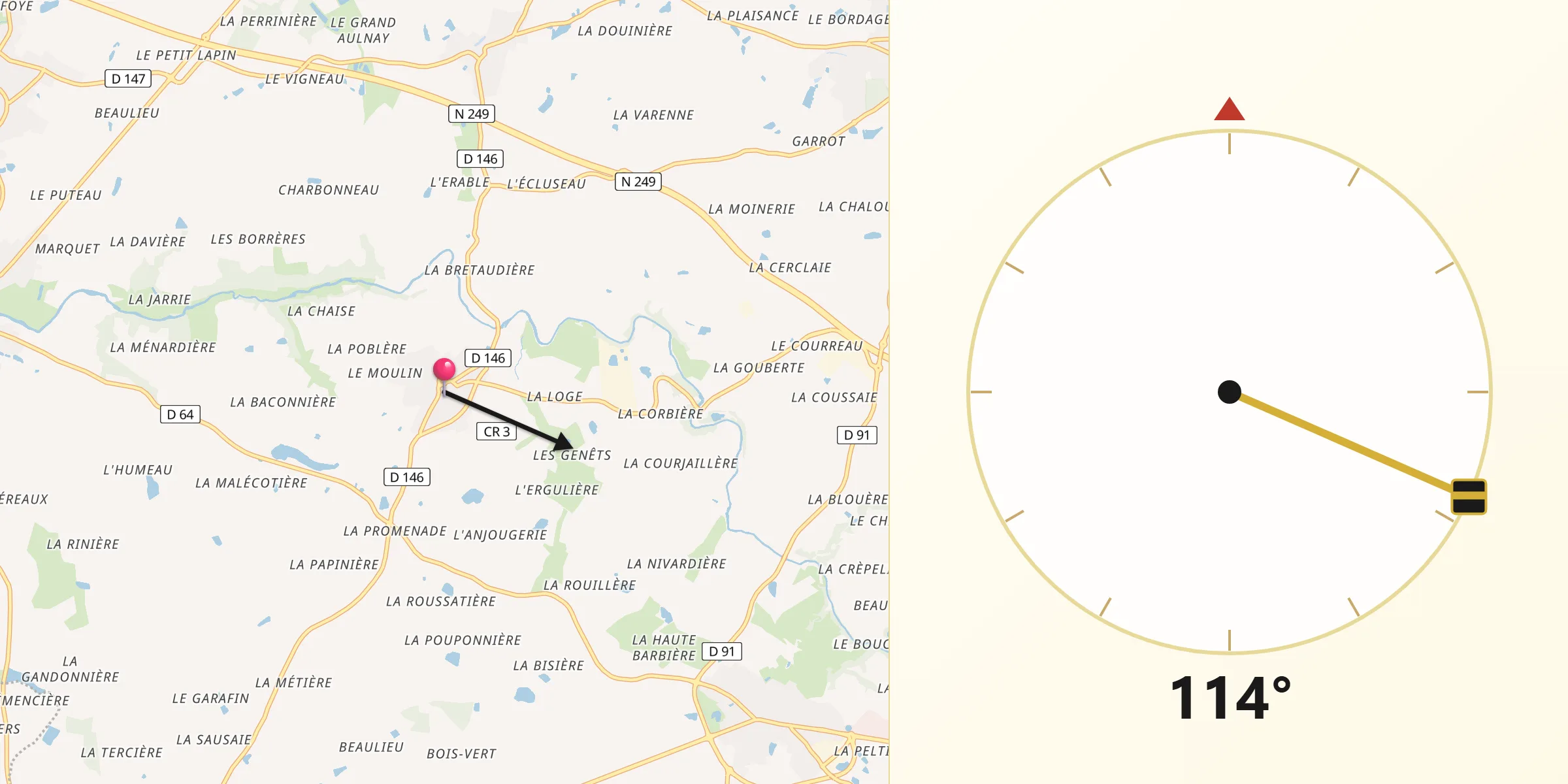 Direction vers la Qibla depuis Roussay