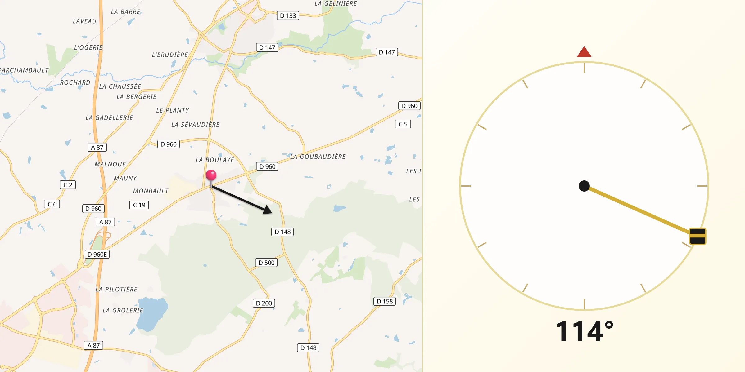 Direction vers la Qibla depuis Nuaillé