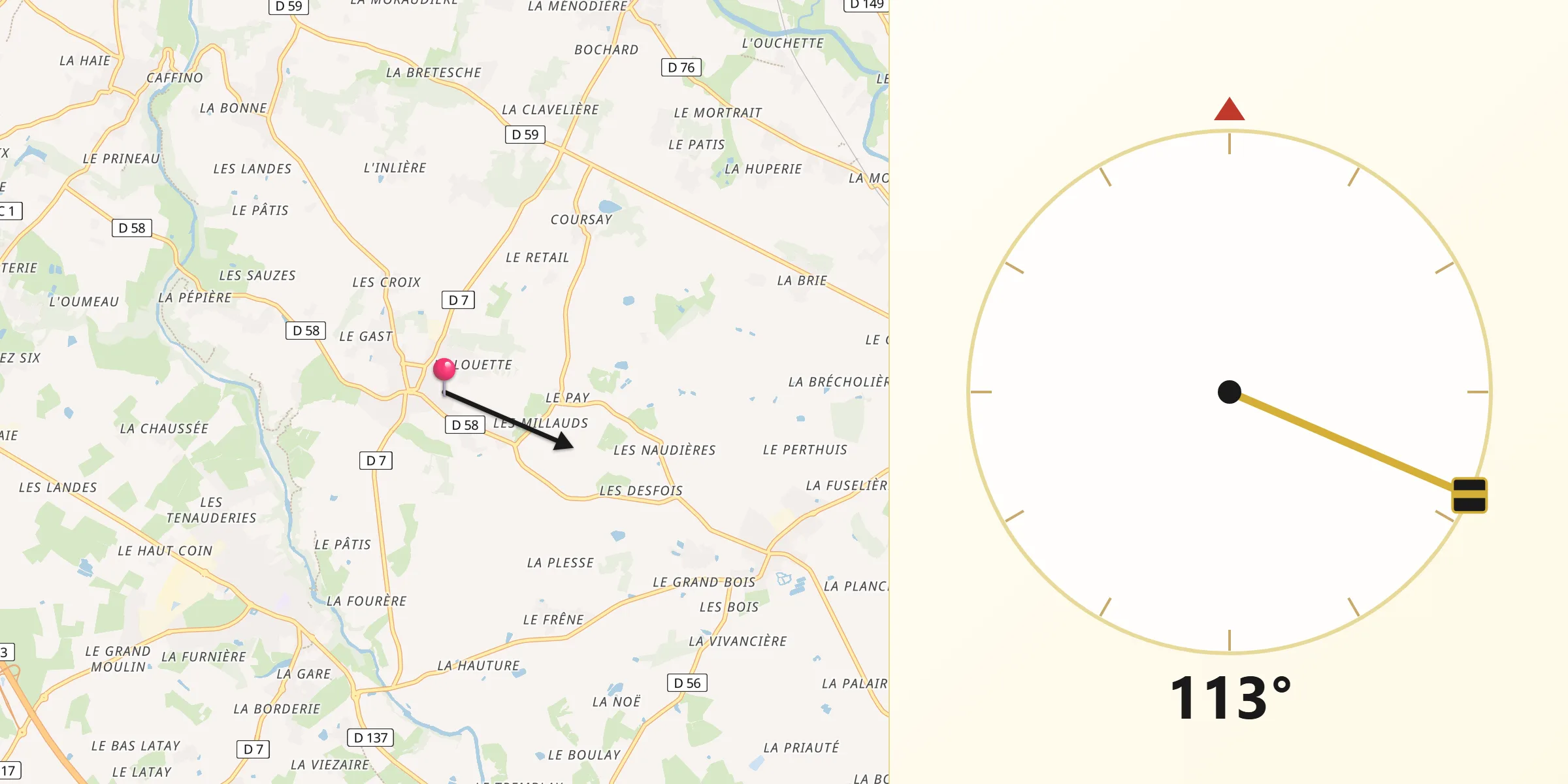 Direction vers la Qibla depuis Maisdon-sur-Sèvre