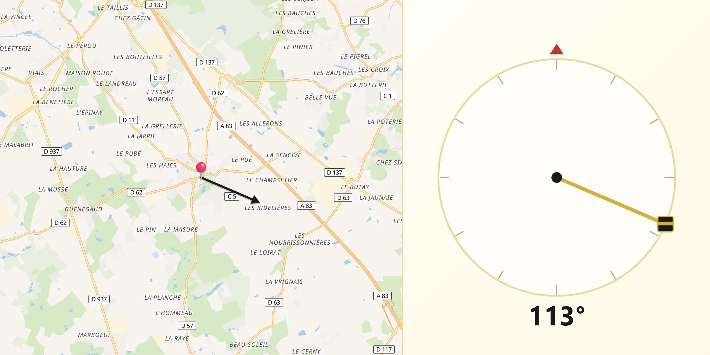 Direction vers la Qibla depuis Le Bignon