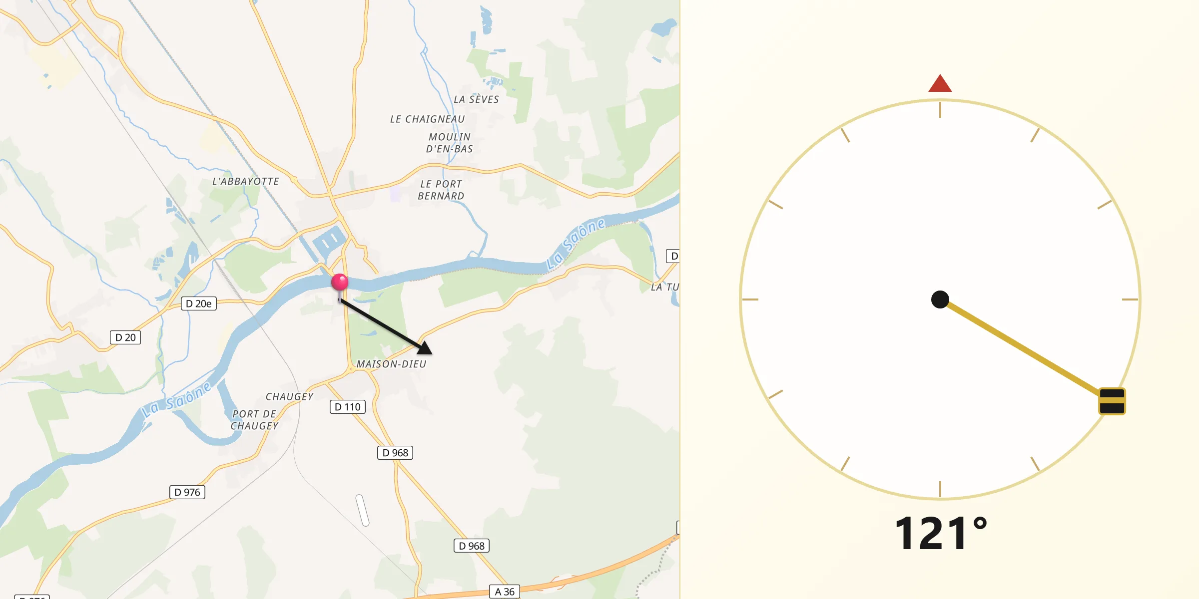 Direction vers la Qibla depuis Losne