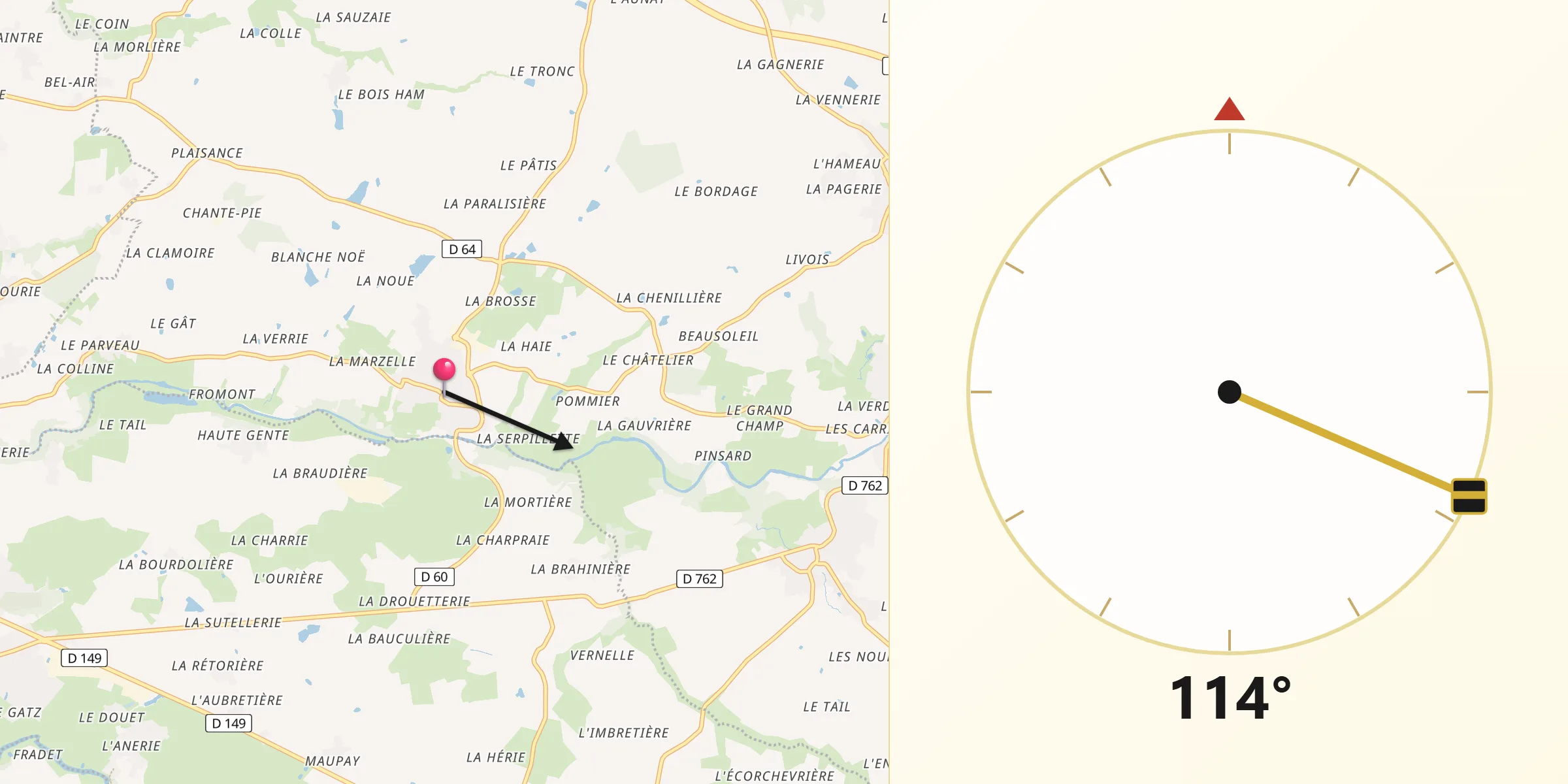 Direction vers la Qibla depuis Saint-Crespin-sur-Moine