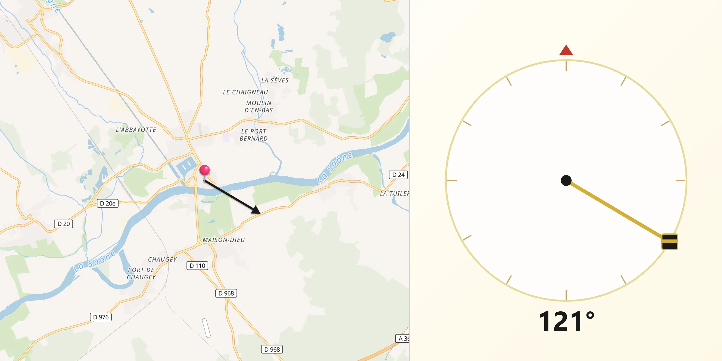 Direction vers la Qibla depuis Saint-Jean-de-Losne