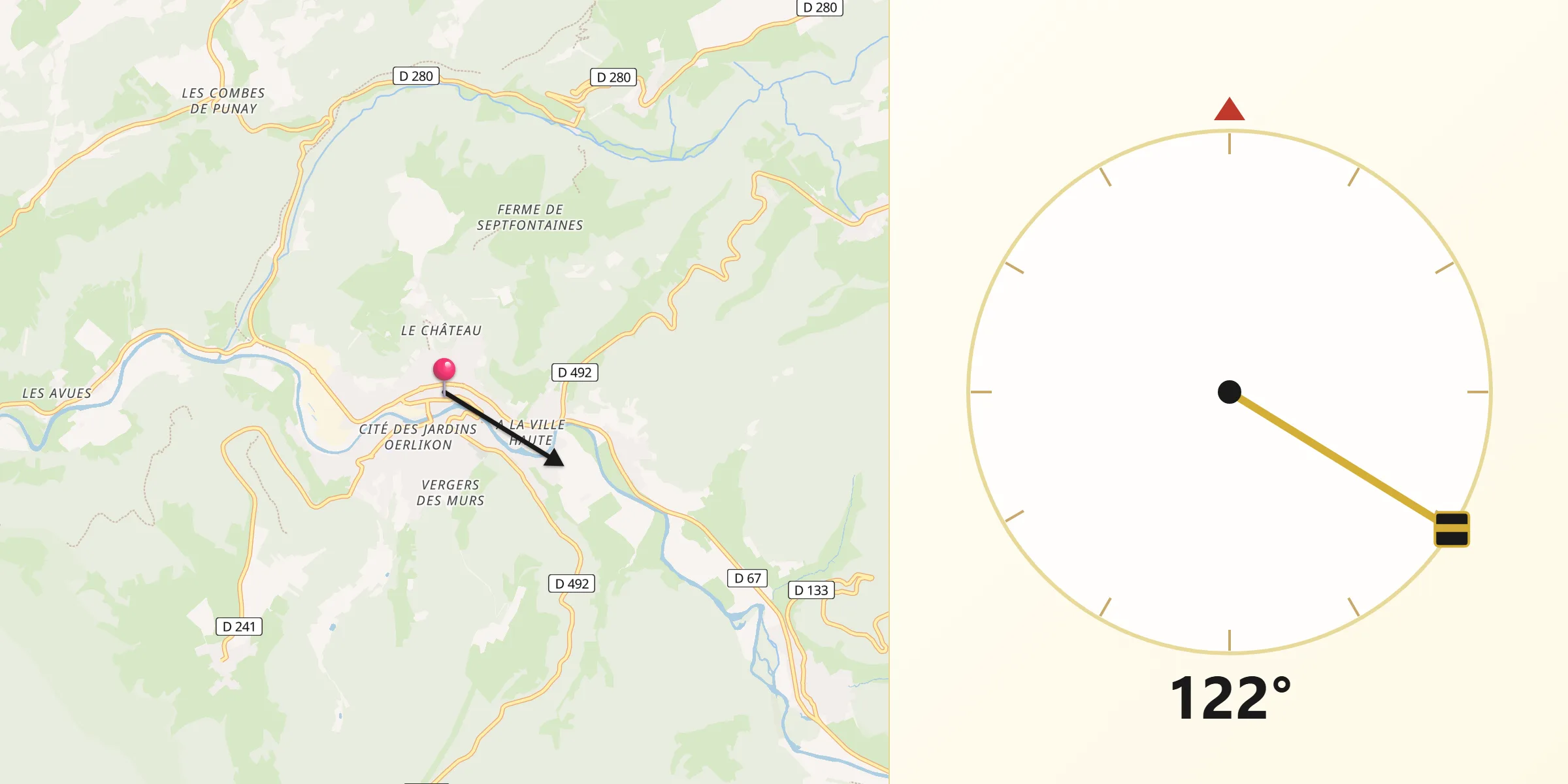 Direction vers la Qibla depuis Ornans