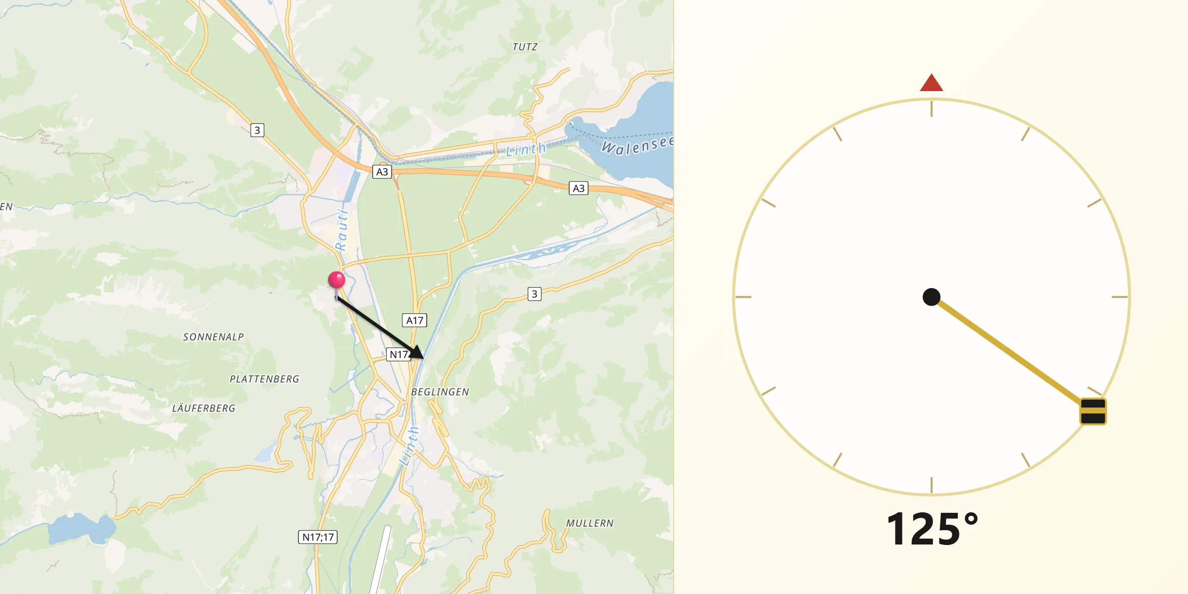 Direction vers la Qibla depuis Oberurnen